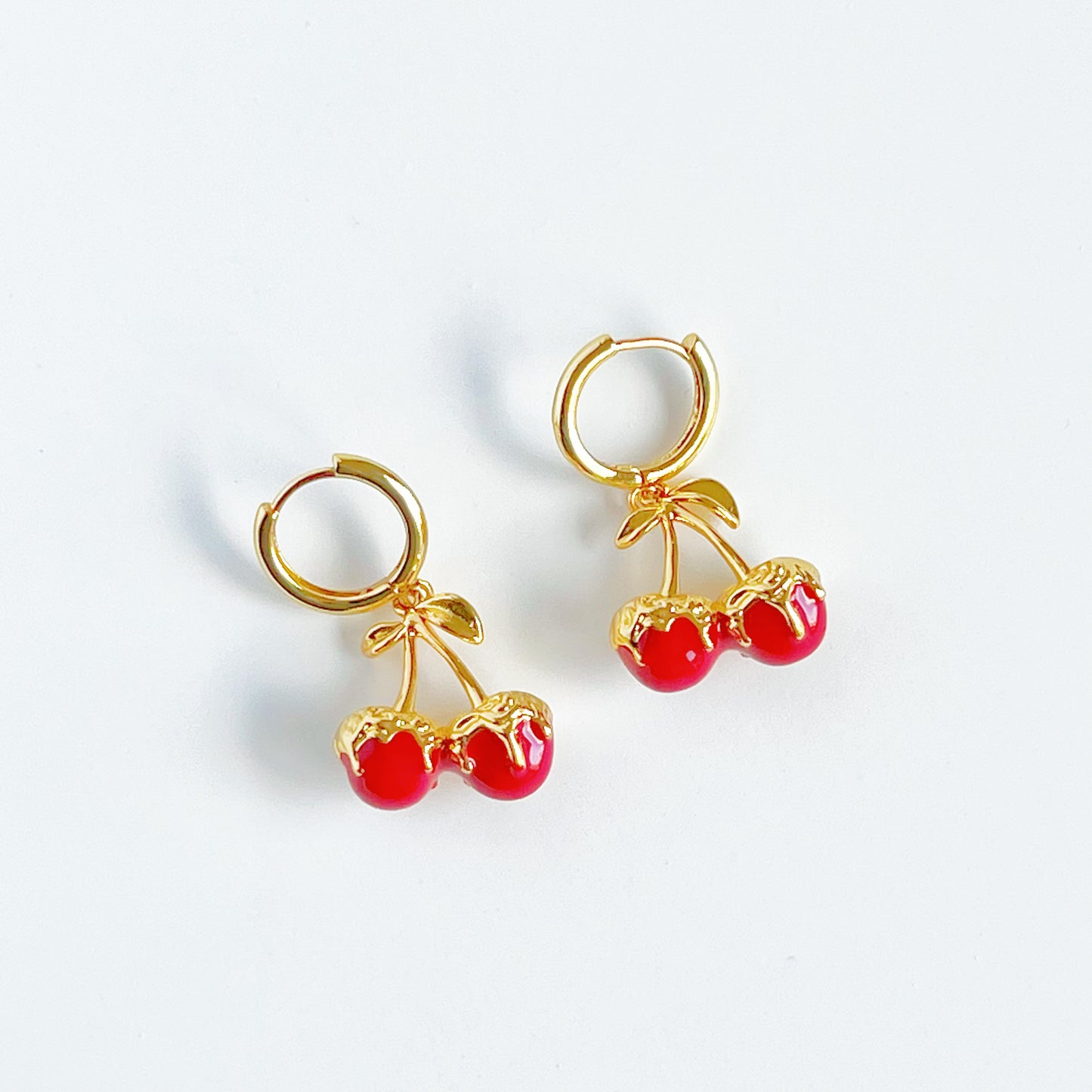 Red Cherry in Gold Hoop Hinged Earrings-Ninaouity