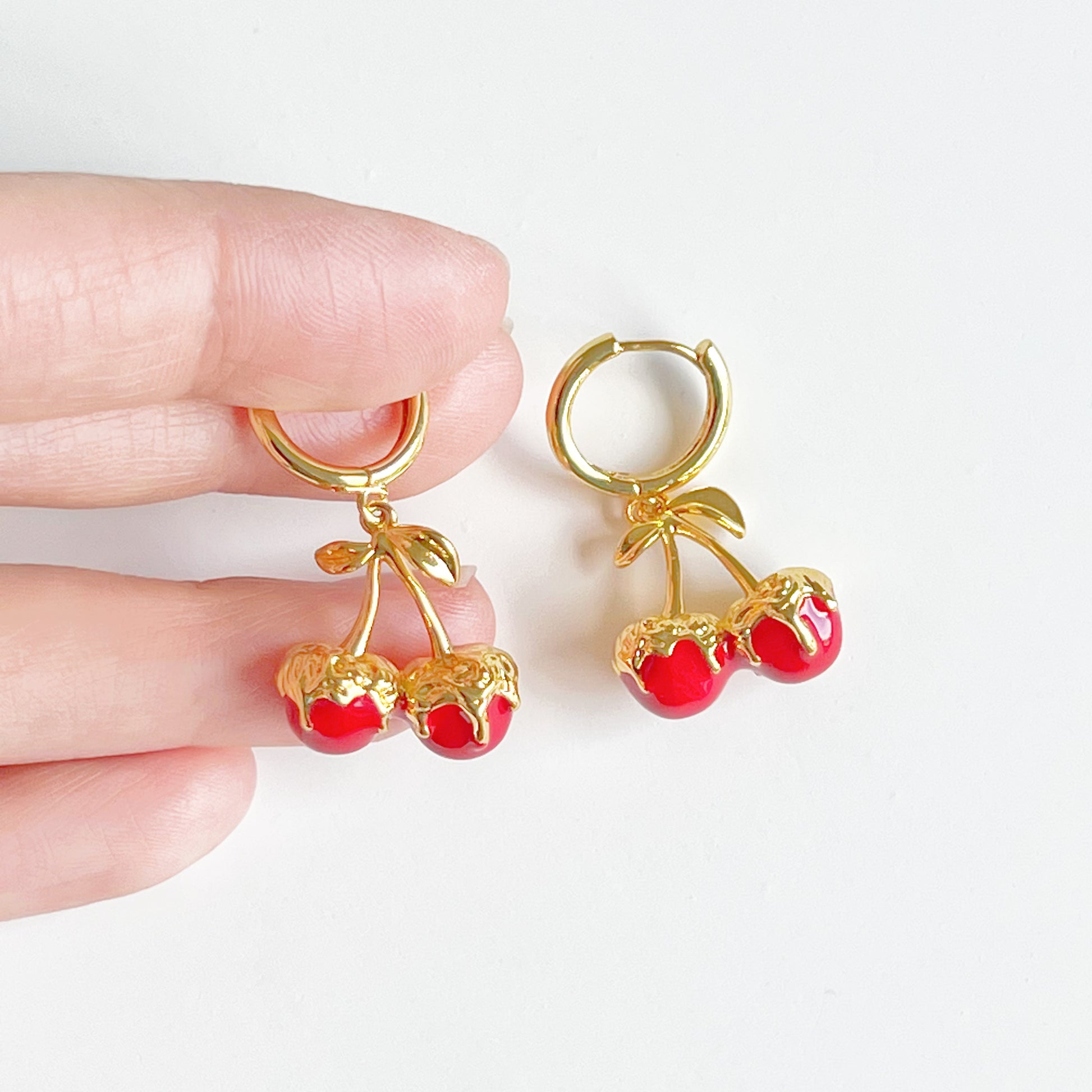 Red Cherry in Gold Hoop Hinged Earrings-Ninaouity