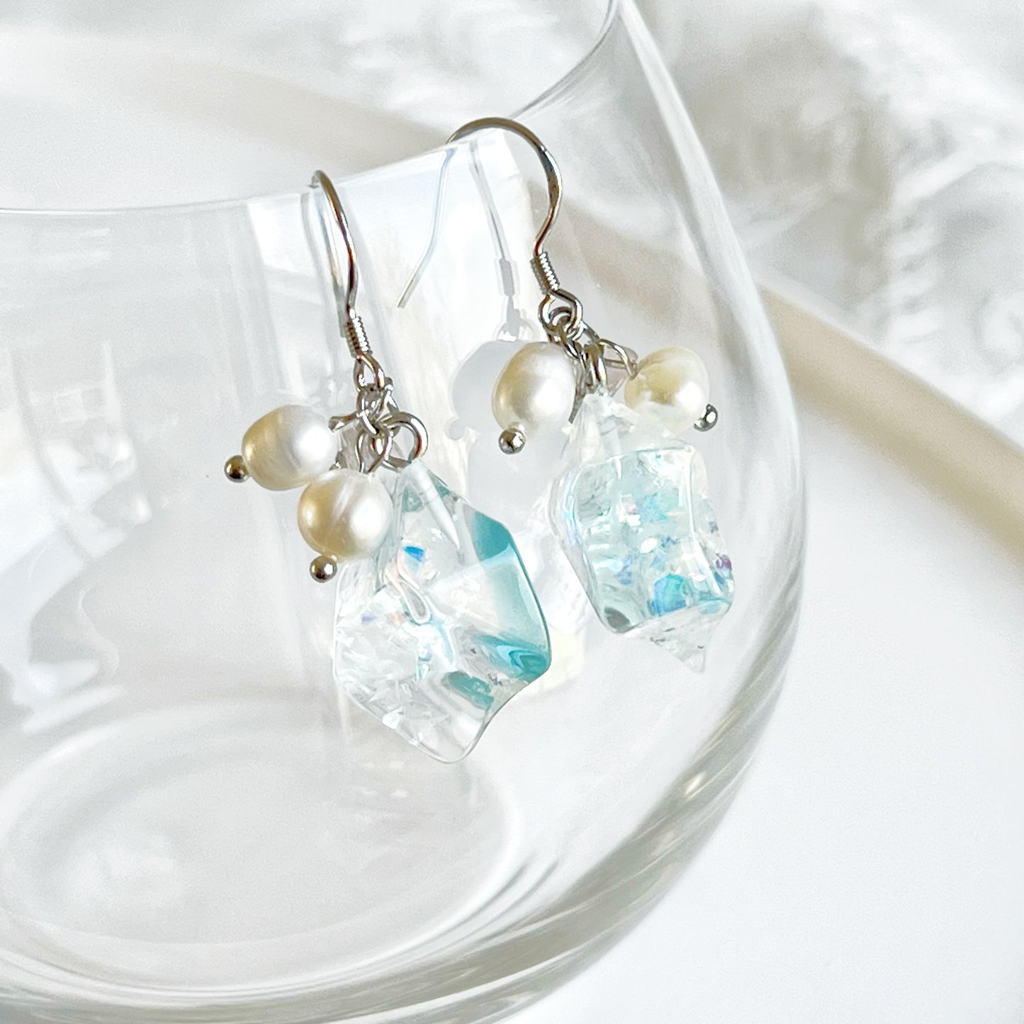 Ice Cube and Pearls Drop Earrings-Ninaouity