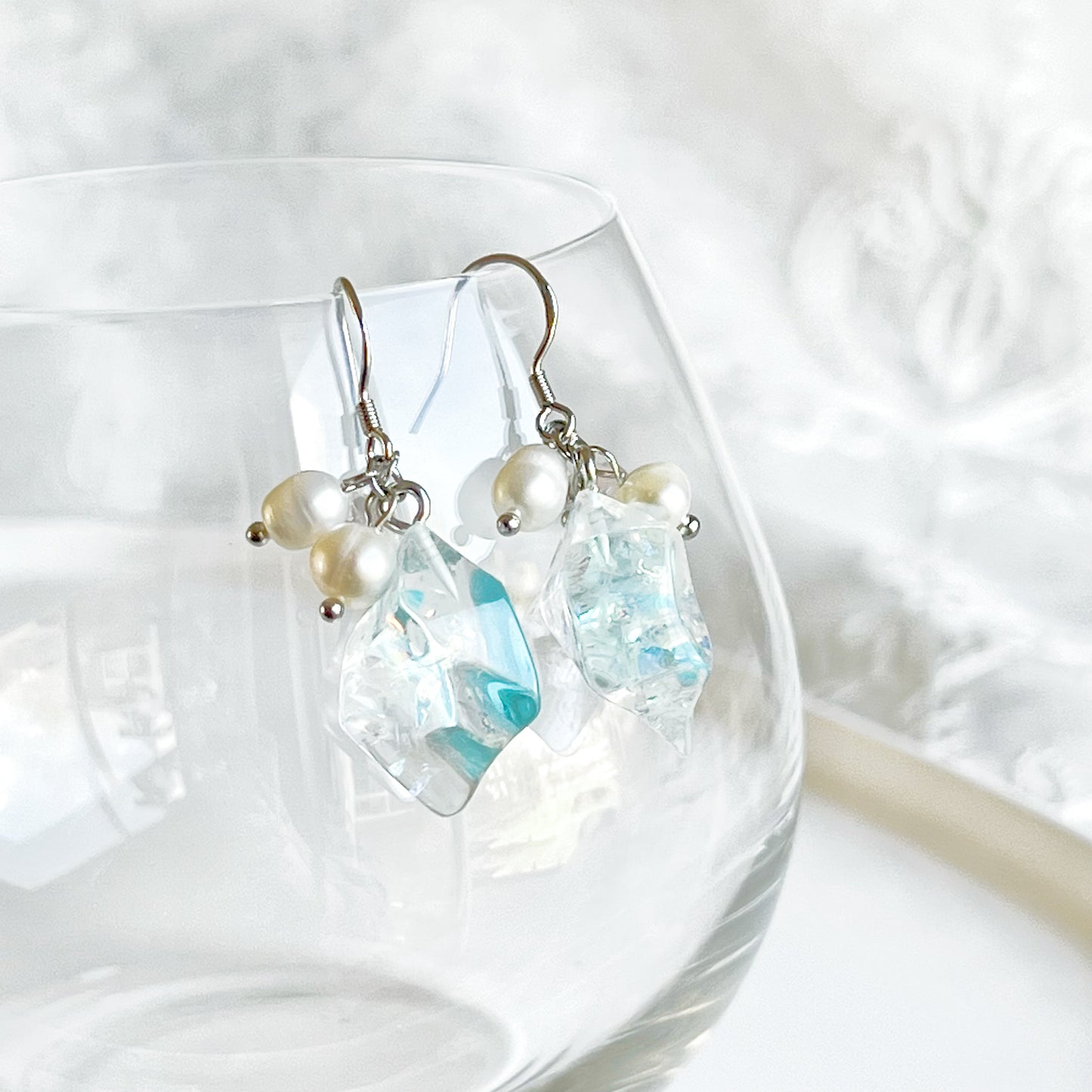 Ice Cube and Pearls Drop Earrings-Ninaouity