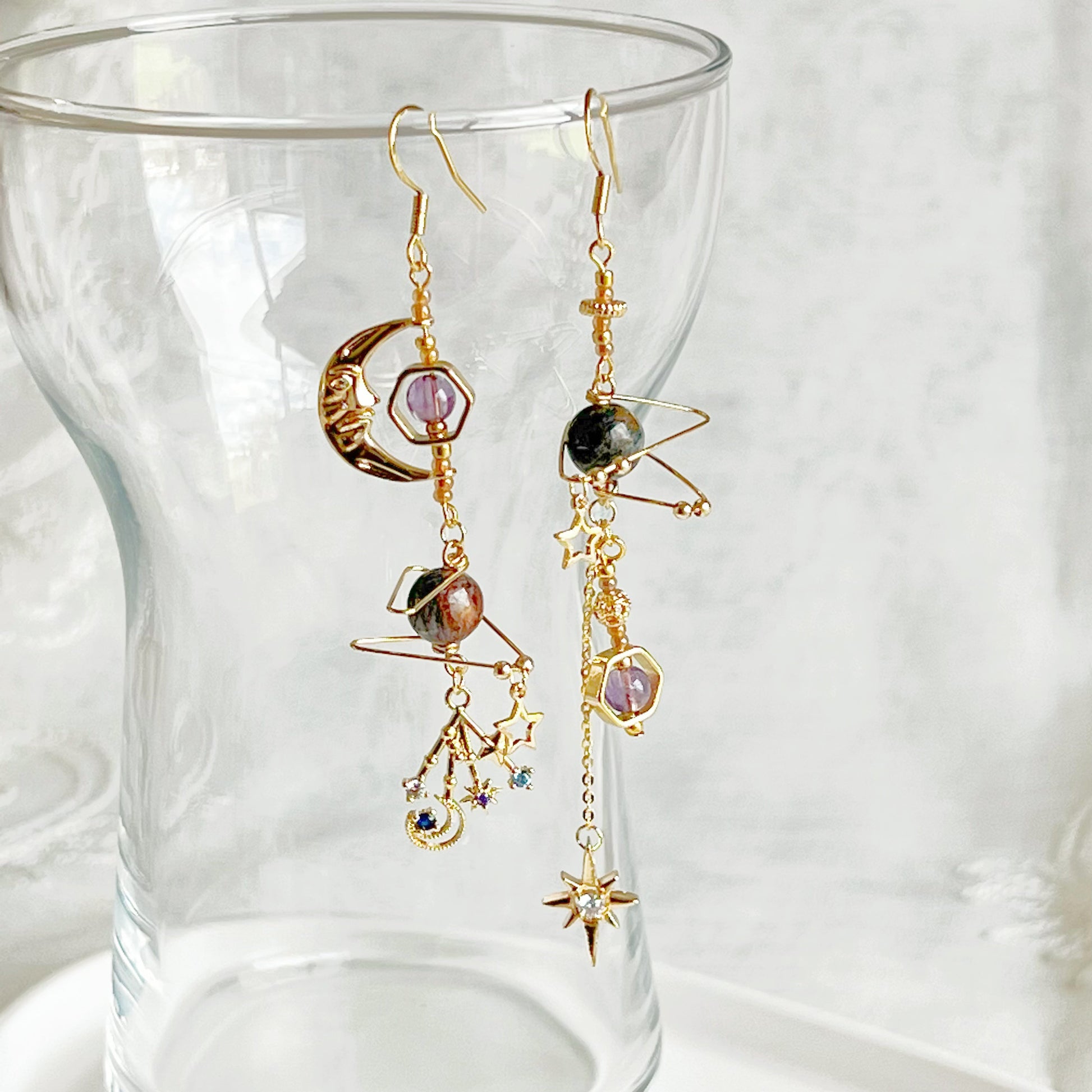 Amethyst and Pietersite Beads Moon and Star Earrings-Ninaouity