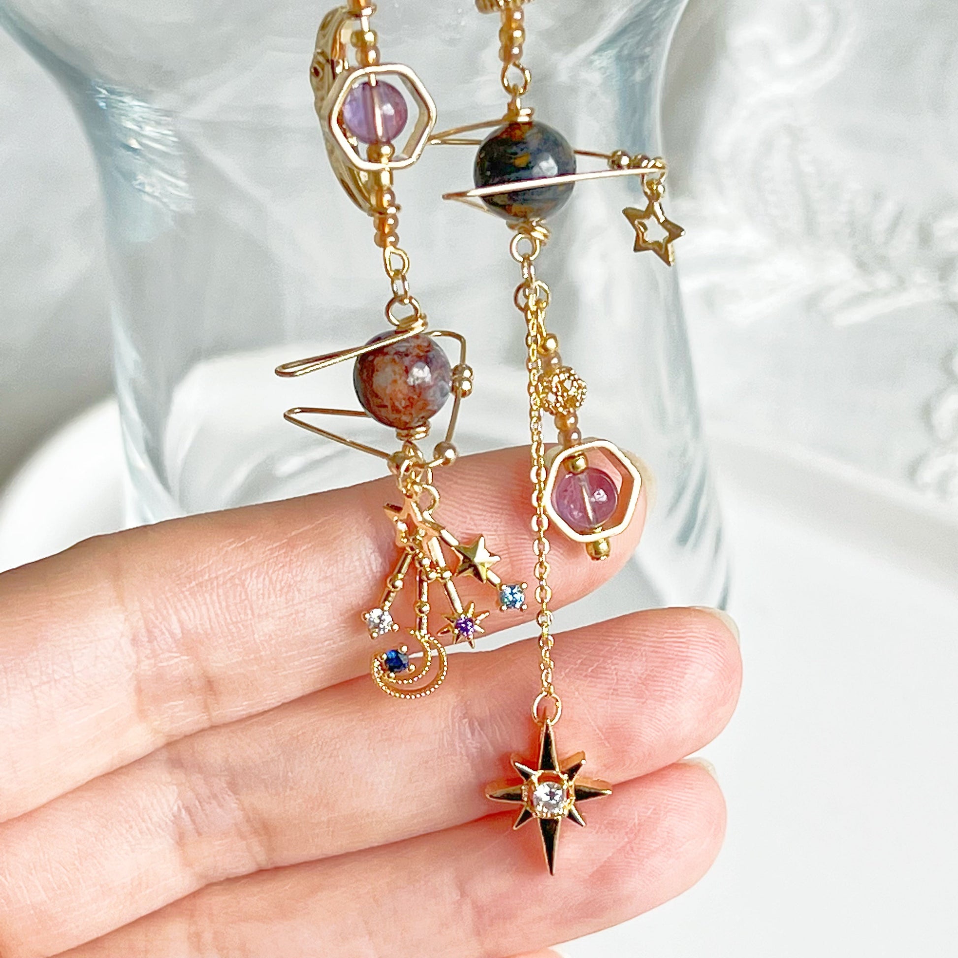 Amethyst and Pietersite Beads Moon and Star Earrings-Ninaouity