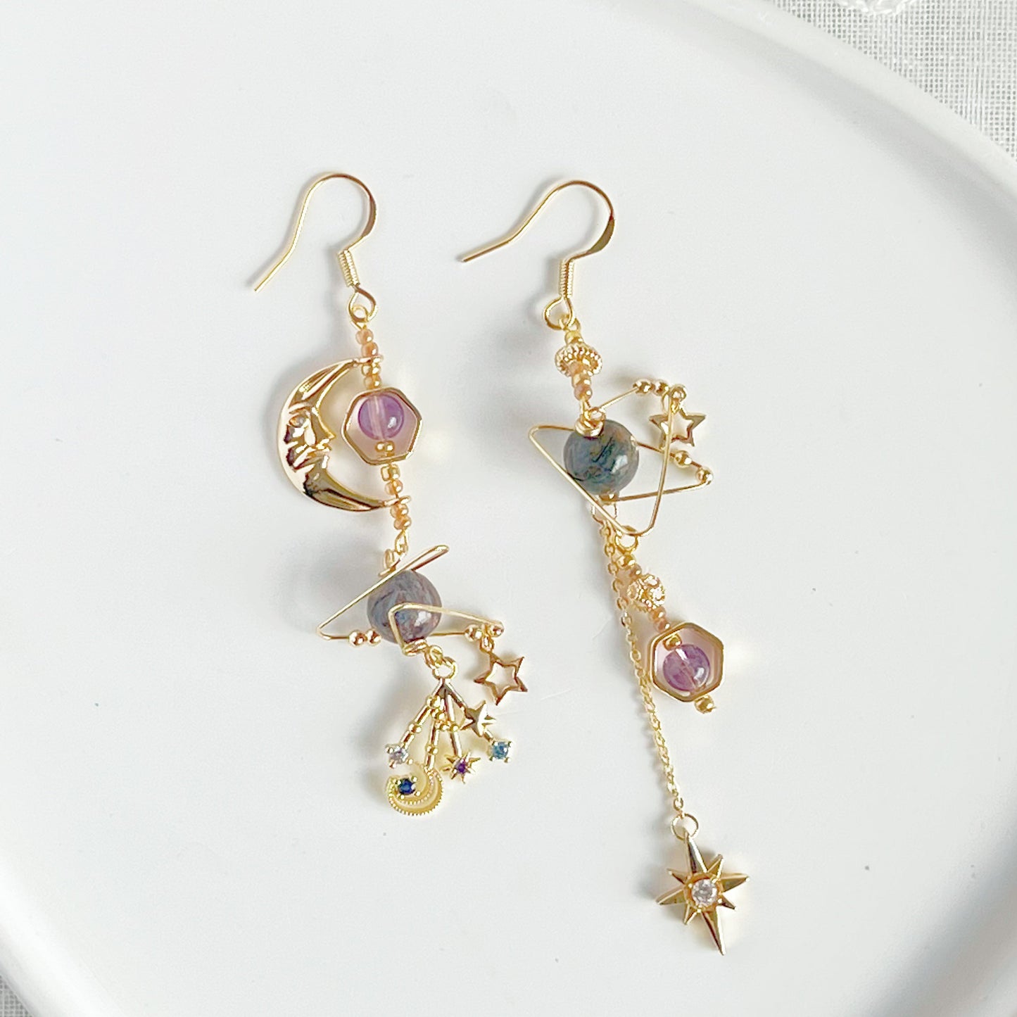 Amethyst and Pietersite Beads Moon and Star Earrings-Ninaouity