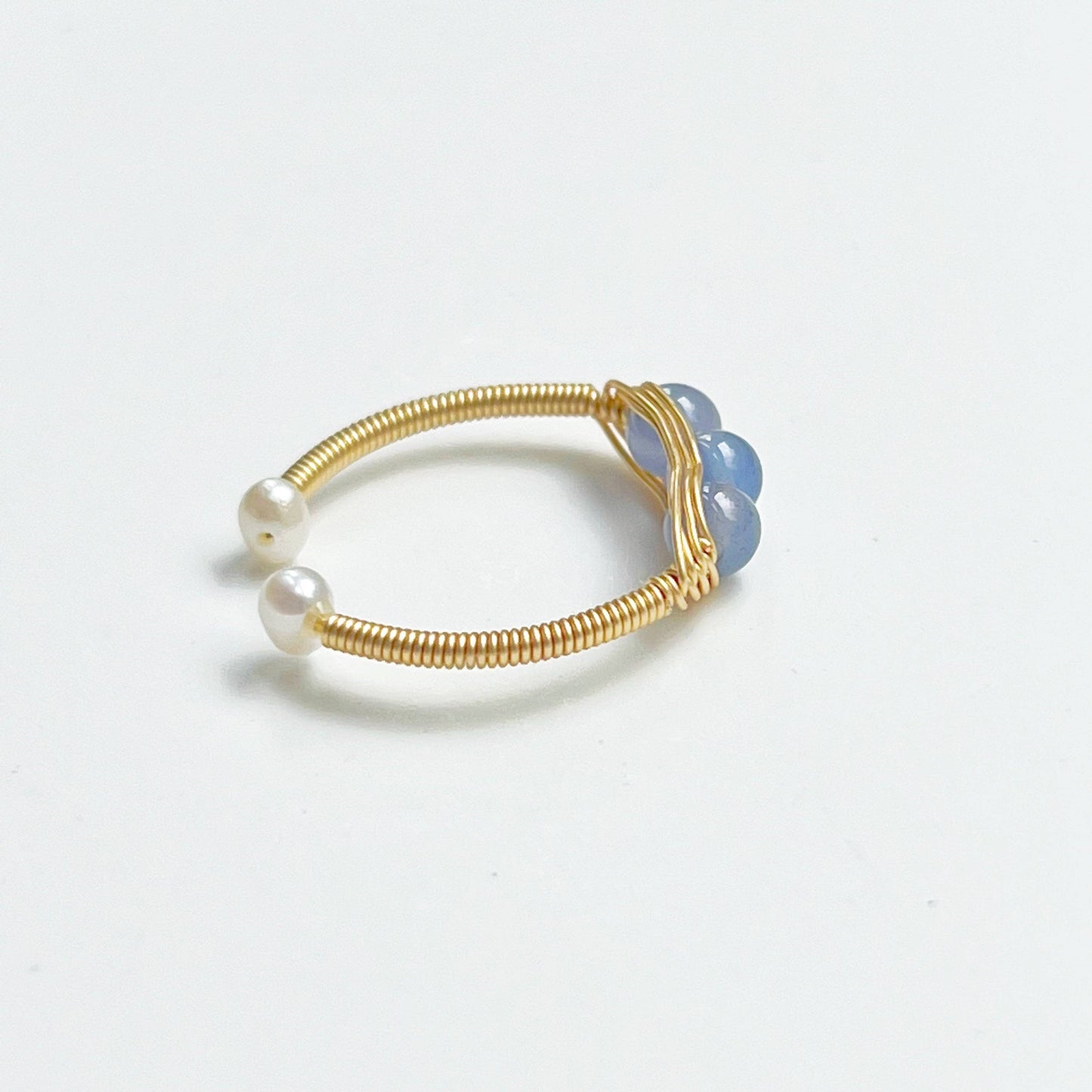 Aquamarine and Pearl Bead Adjustable Ring-Ninaouity