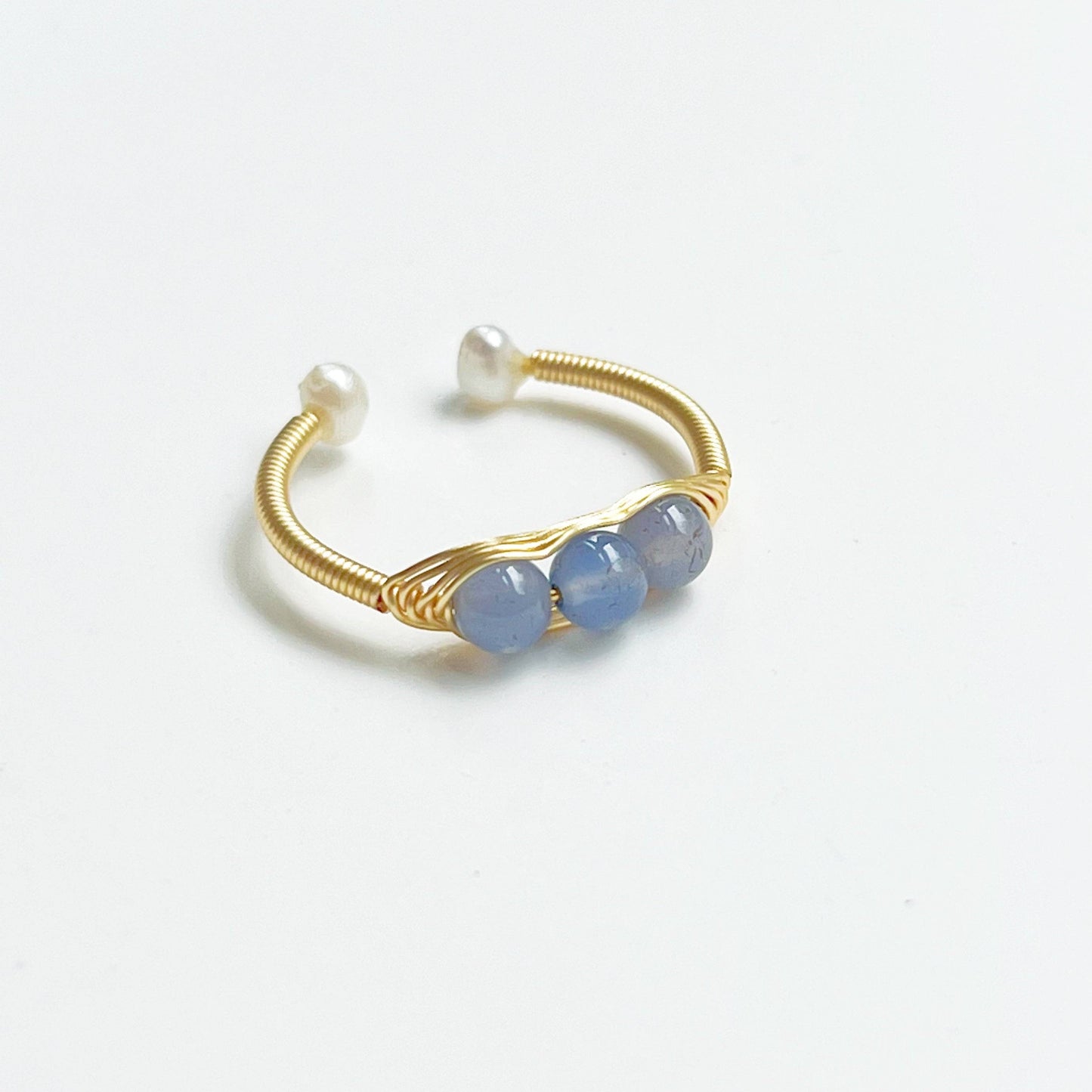 Aquamarine and Pearl Bead Adjustable Ring-Ninaouity