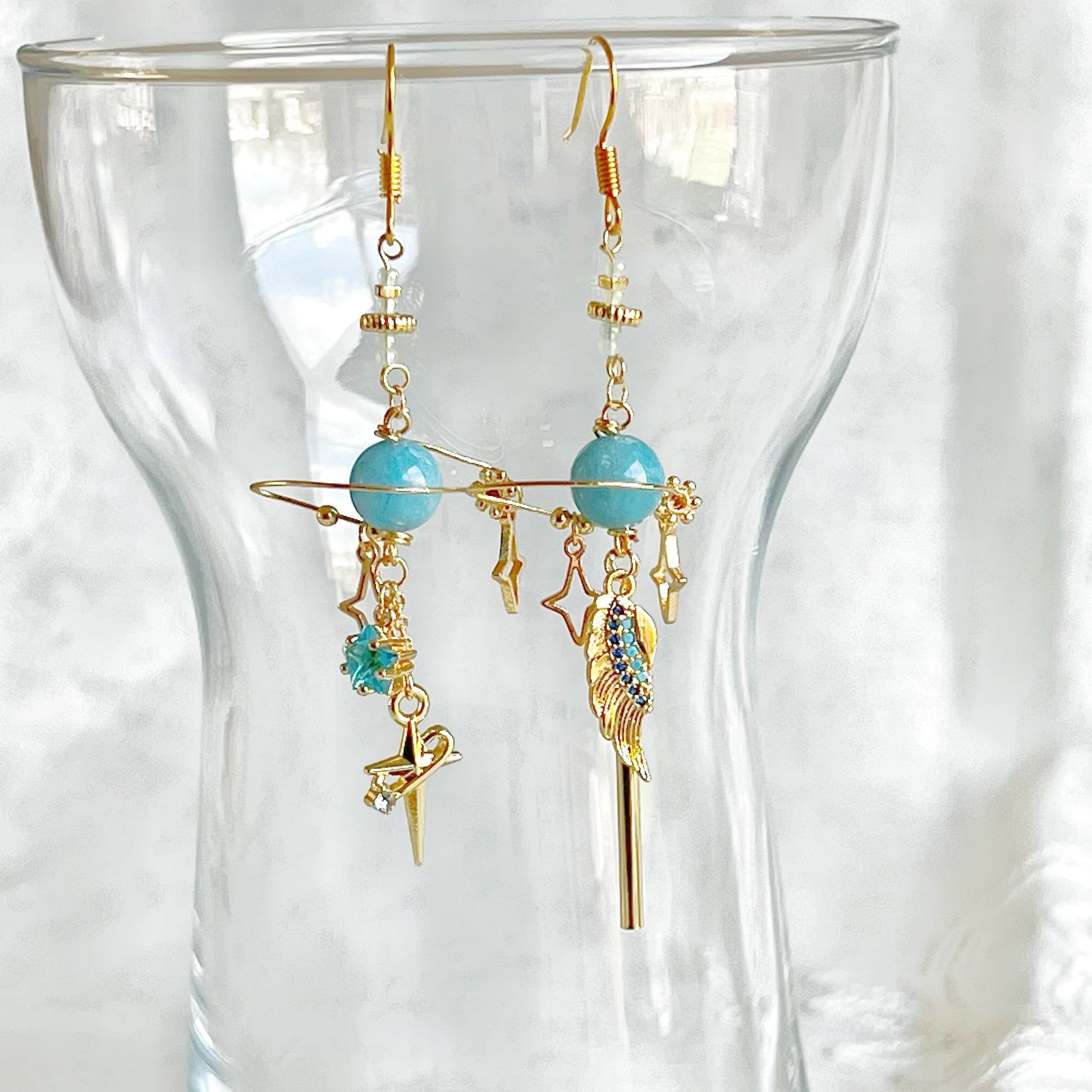 Aquamarine Planet and Blue Wing Earrings-Ninaouity