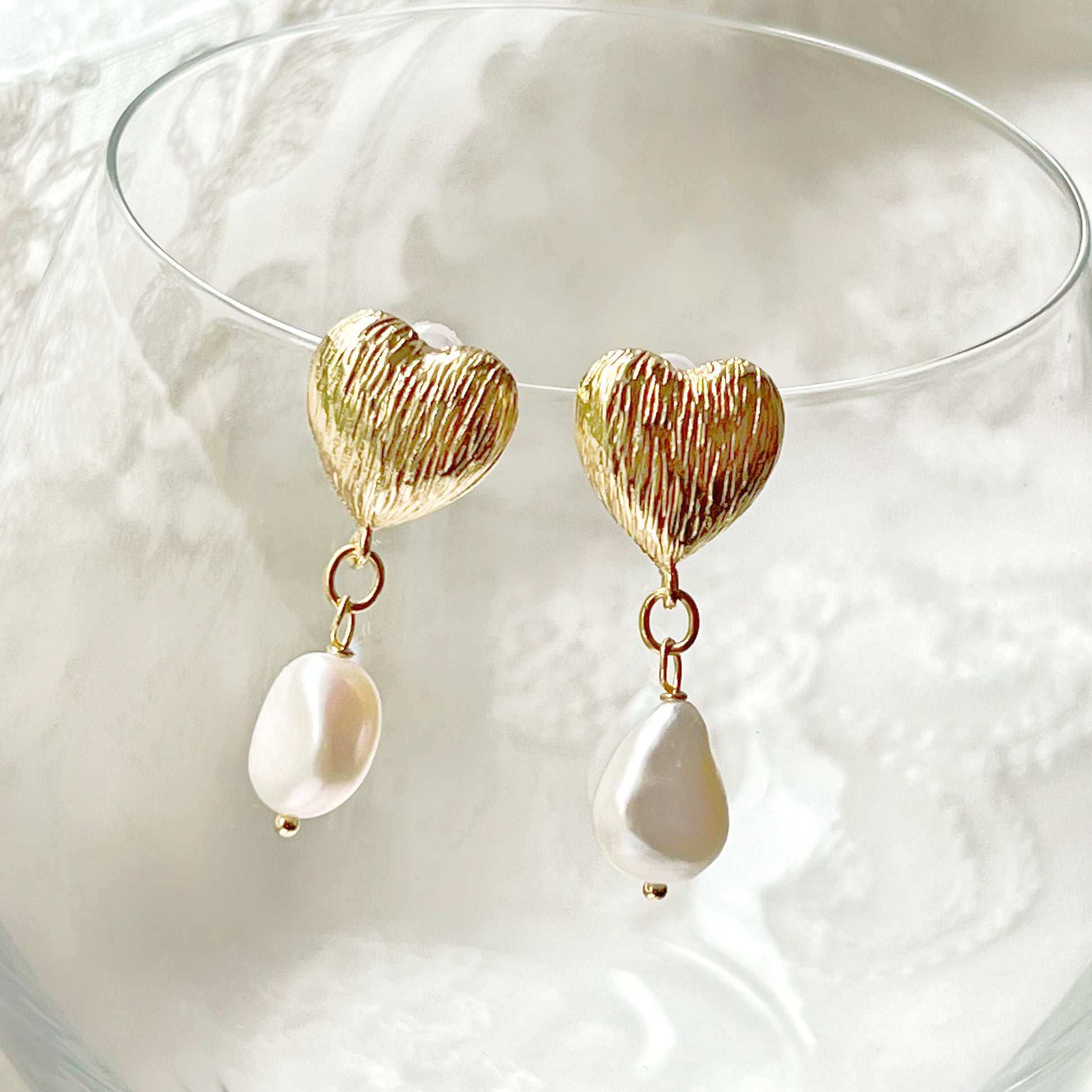 Baroque Pearl and Gold Heart Earrings-Ninaouity
