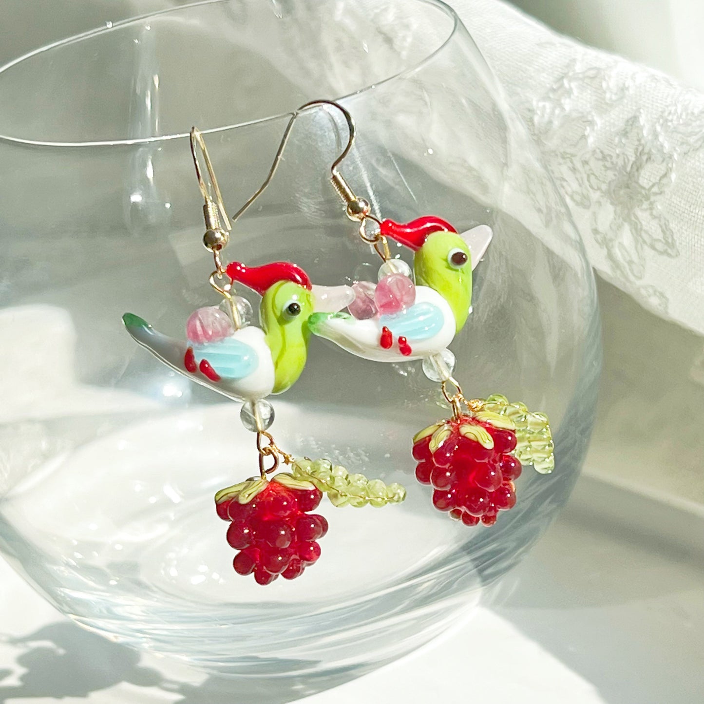 Bird and Berry Craft Glass Earrings-Ninaouity