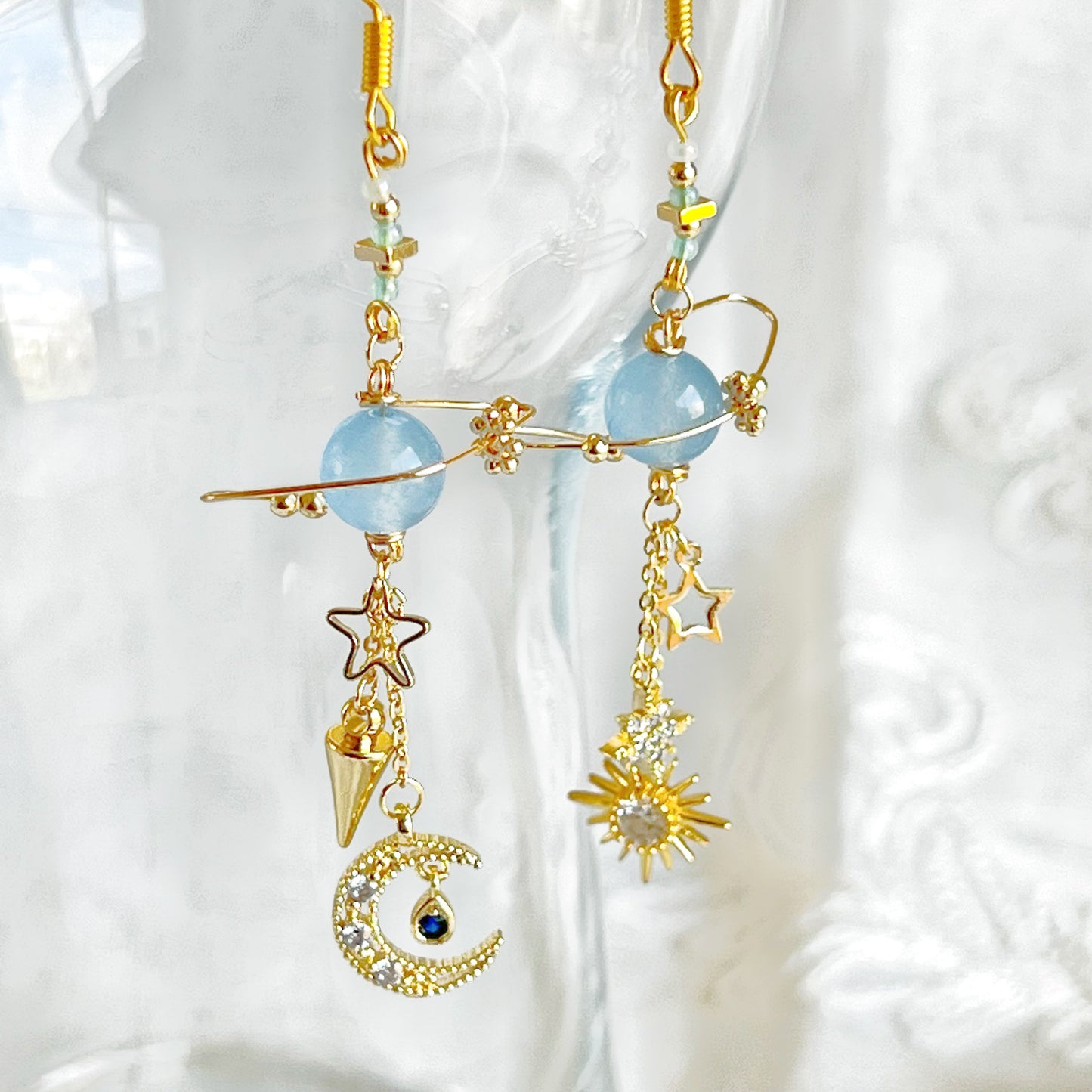 Blue Chalcedony Planet Moon and Star Earrings-Ninaouity