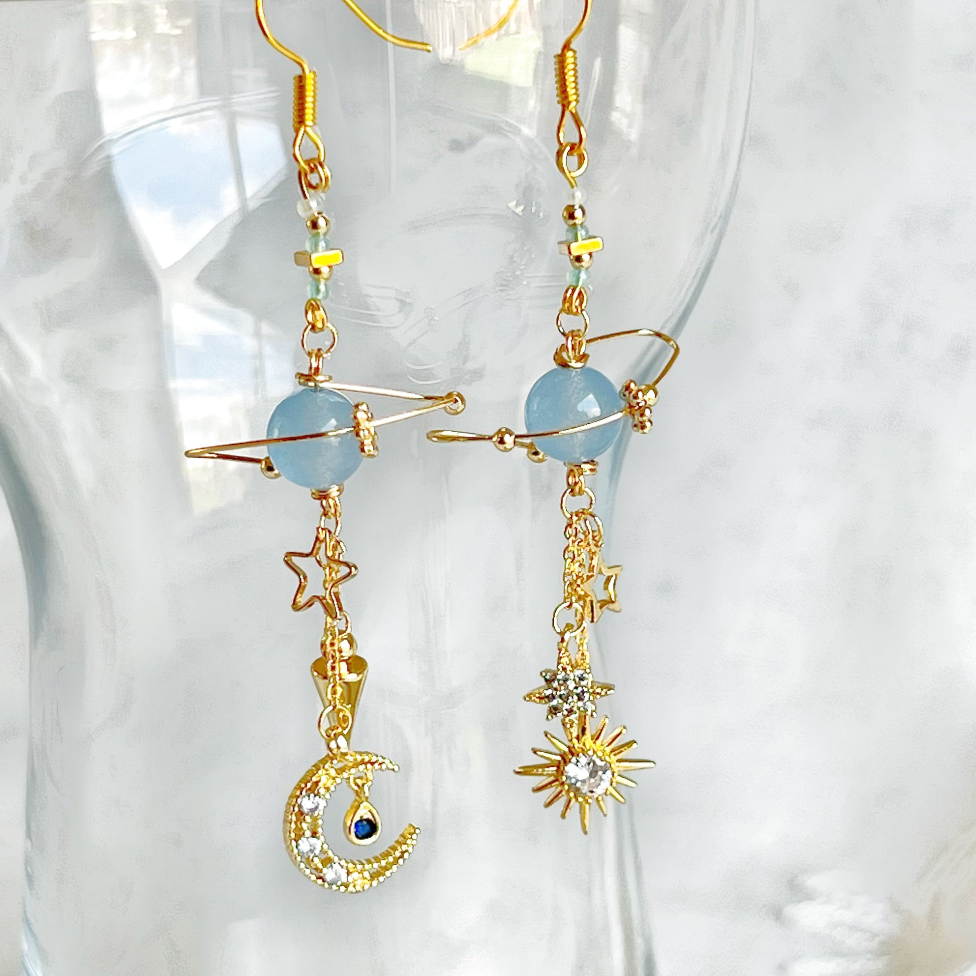 Blue Chalcedony Planet Moon and Star Earrings-Ninaouity