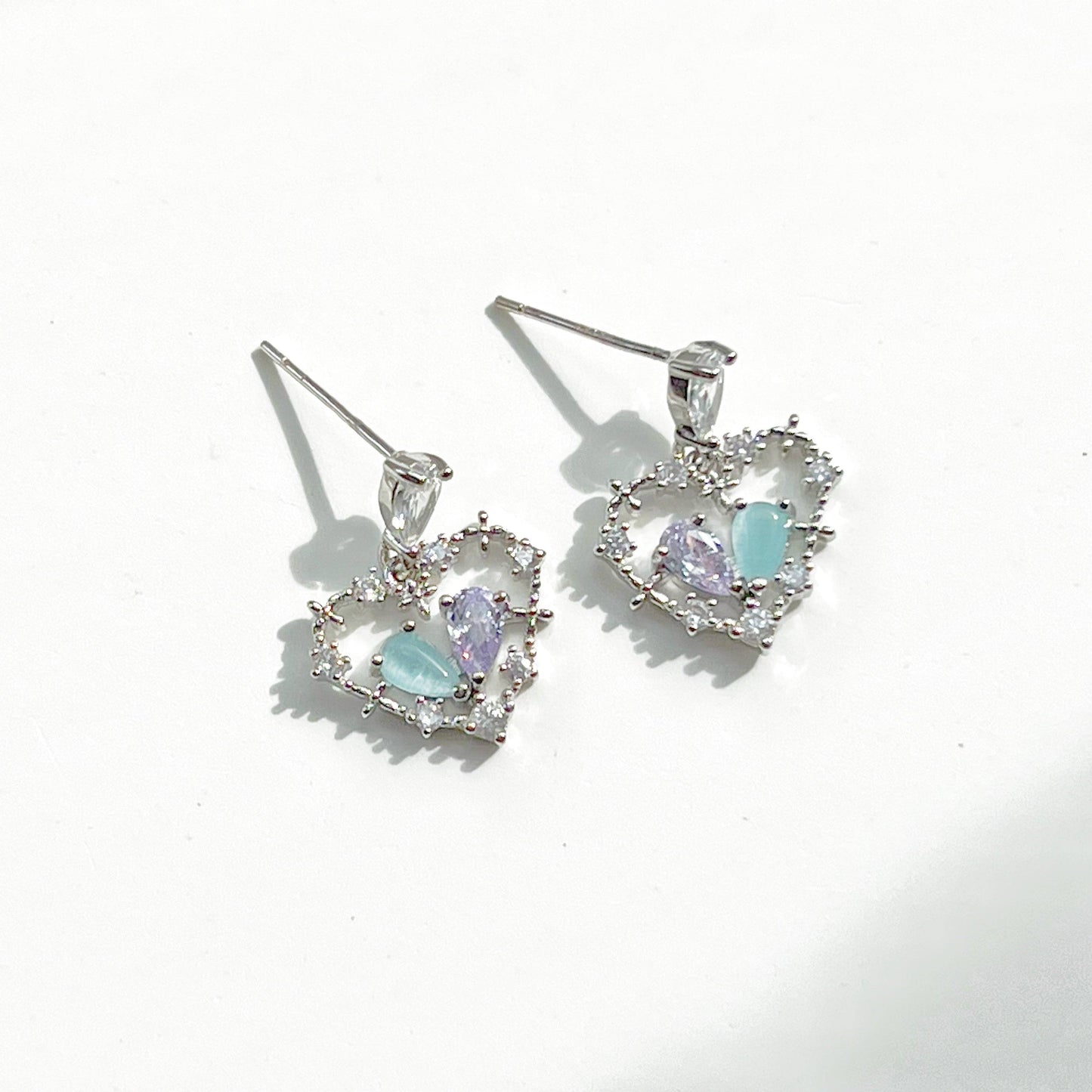 Blue Crystal Heart Drop Earrings - Silver Heart Shape Sterling Silver Studs-Ninaouity