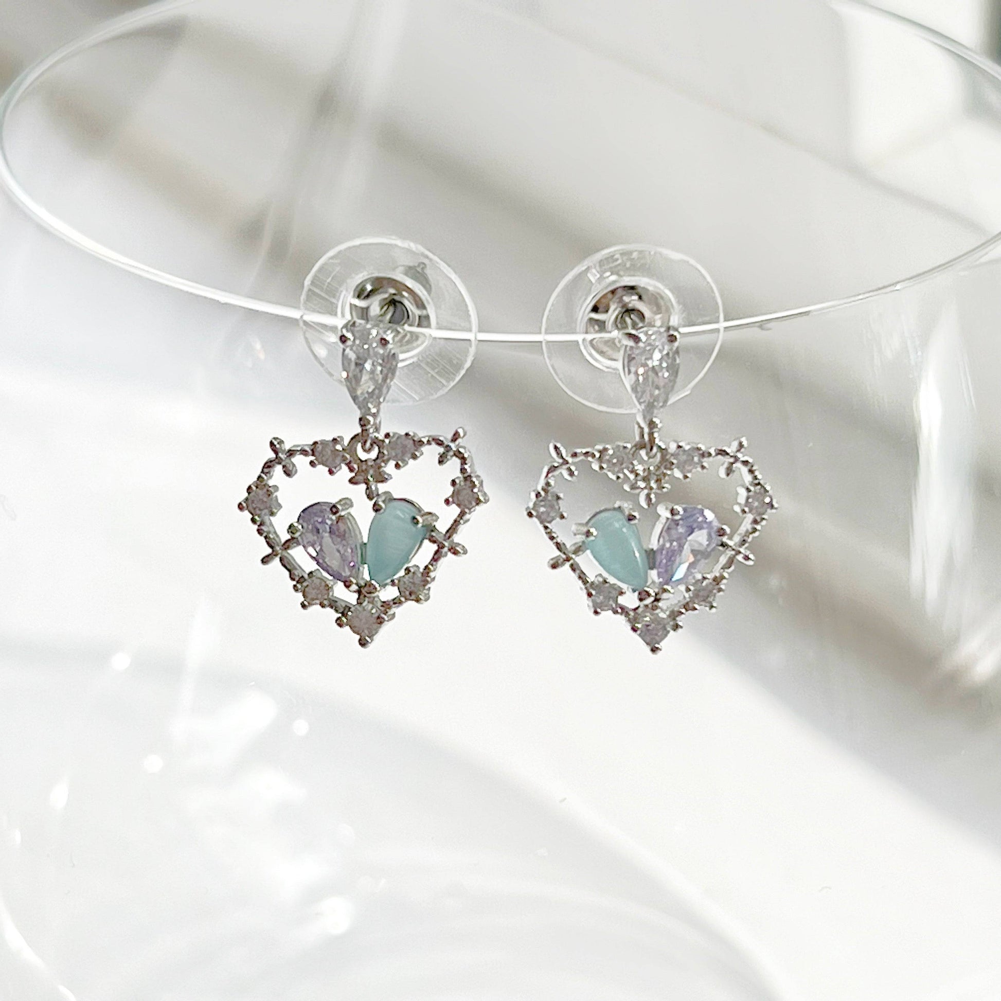 Blue Crystal Heart Drop Earrings - Silver Heart Shape Sterling Silver Studs-Ninaouity
