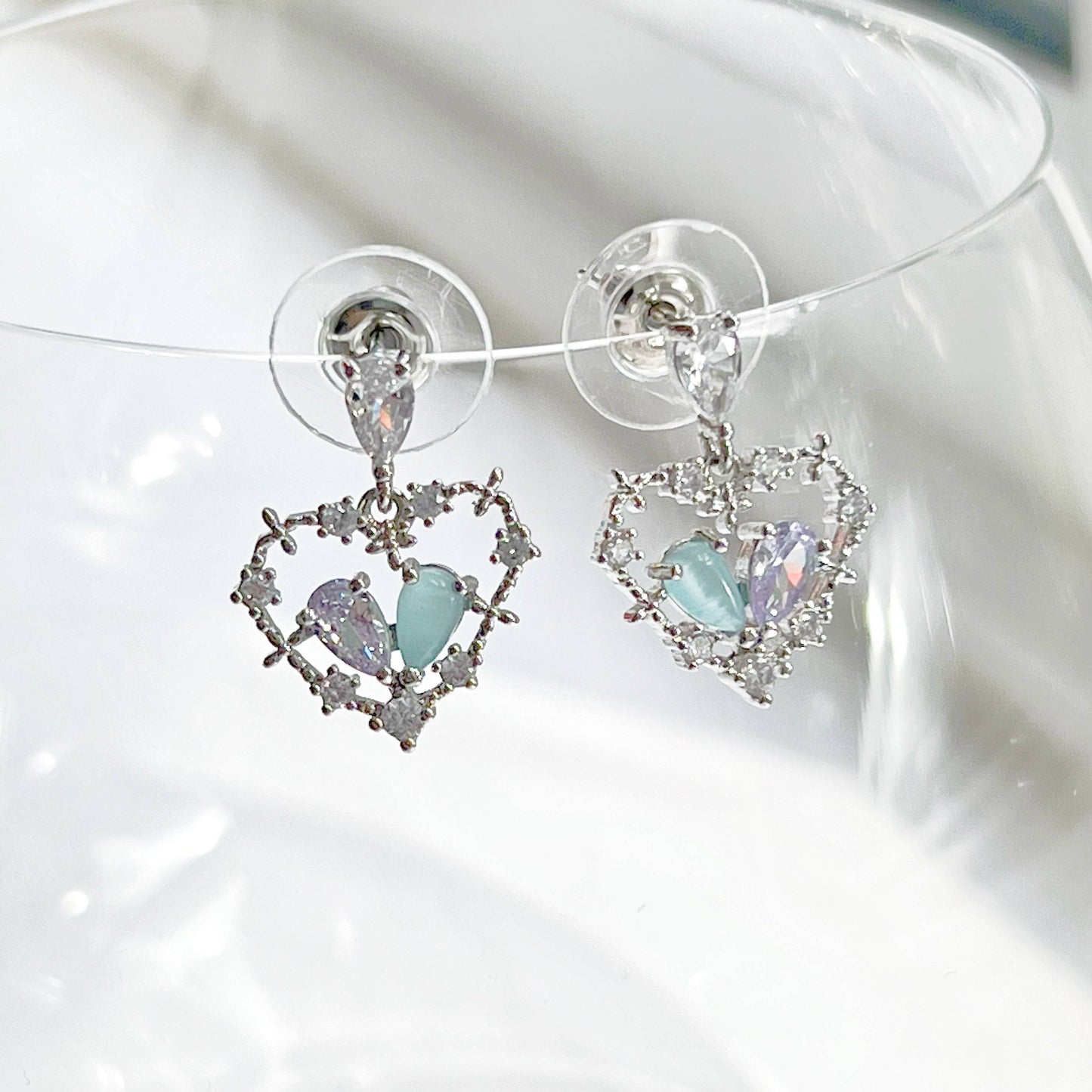 Blue Crystal Heart Drop Earrings - Silver Heart Shape Sterling Silver Studs-Ninaouity