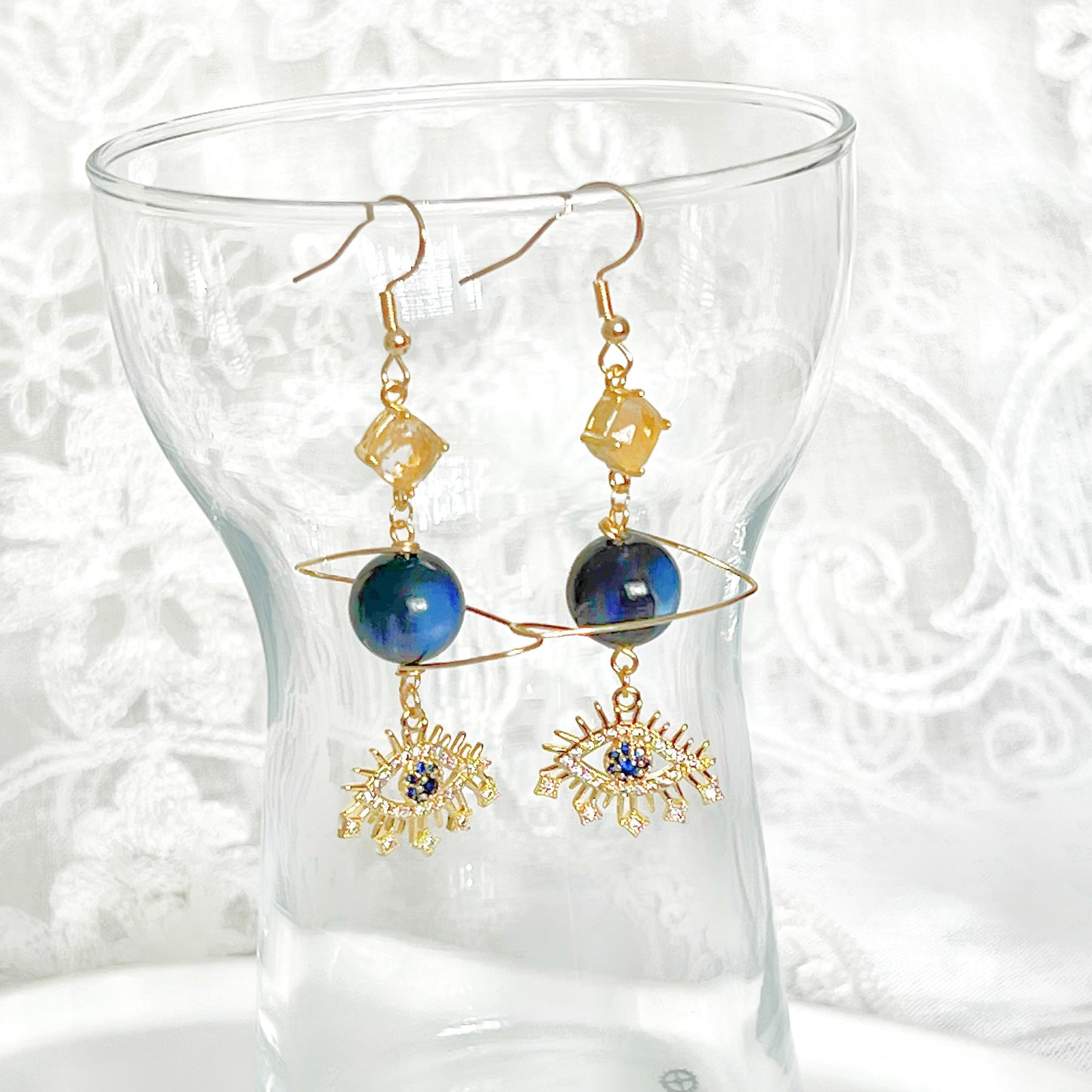 Blue Evil Eye and Planet with Citrine Drop Earrings-Ninaouity