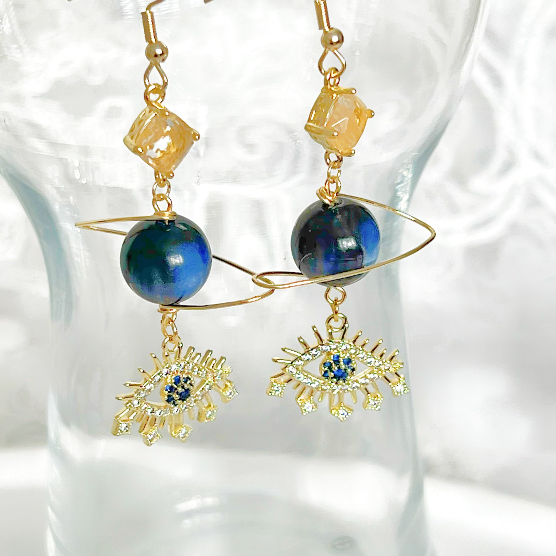 Blue Evil Eye and Planet with Citrine Drop Earrings-Ninaouity