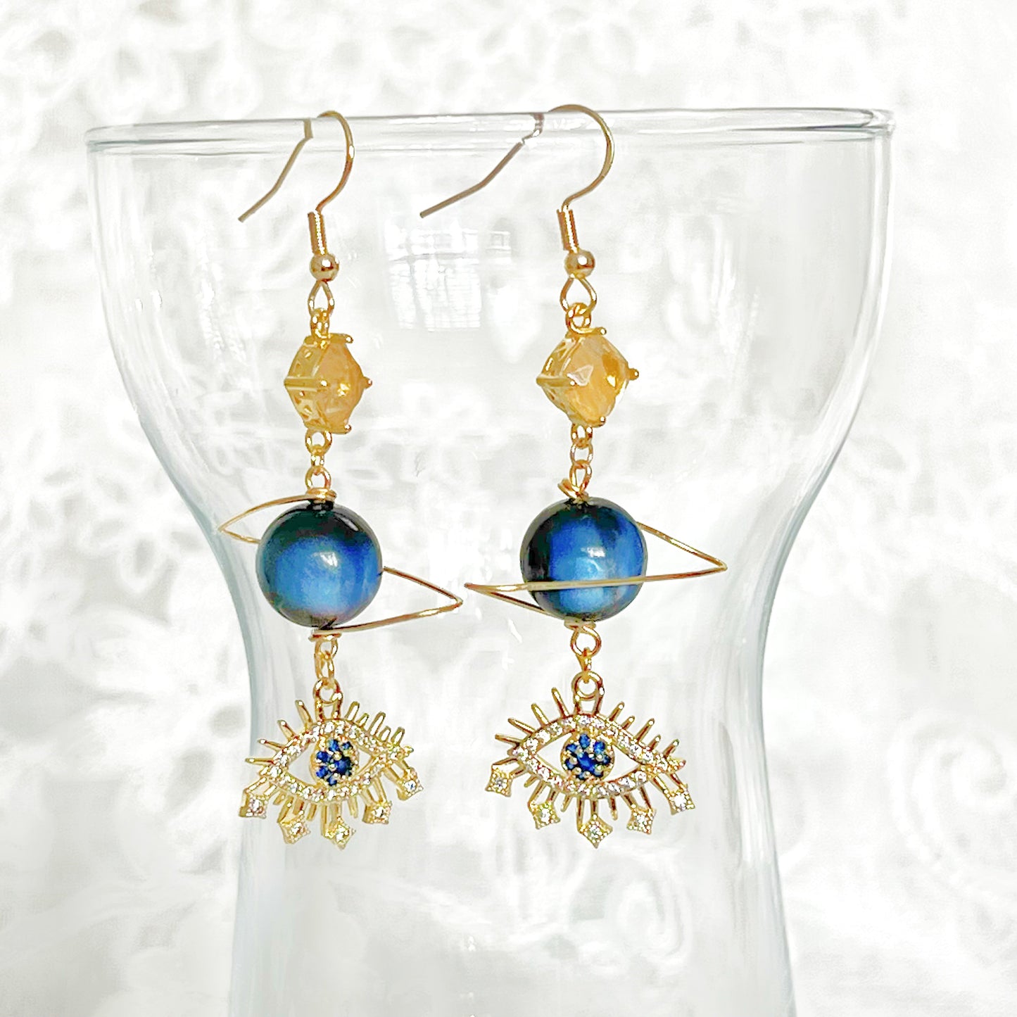 Blue Evil Eye and Planet with Citrine Drop Earrings-Ninaouity