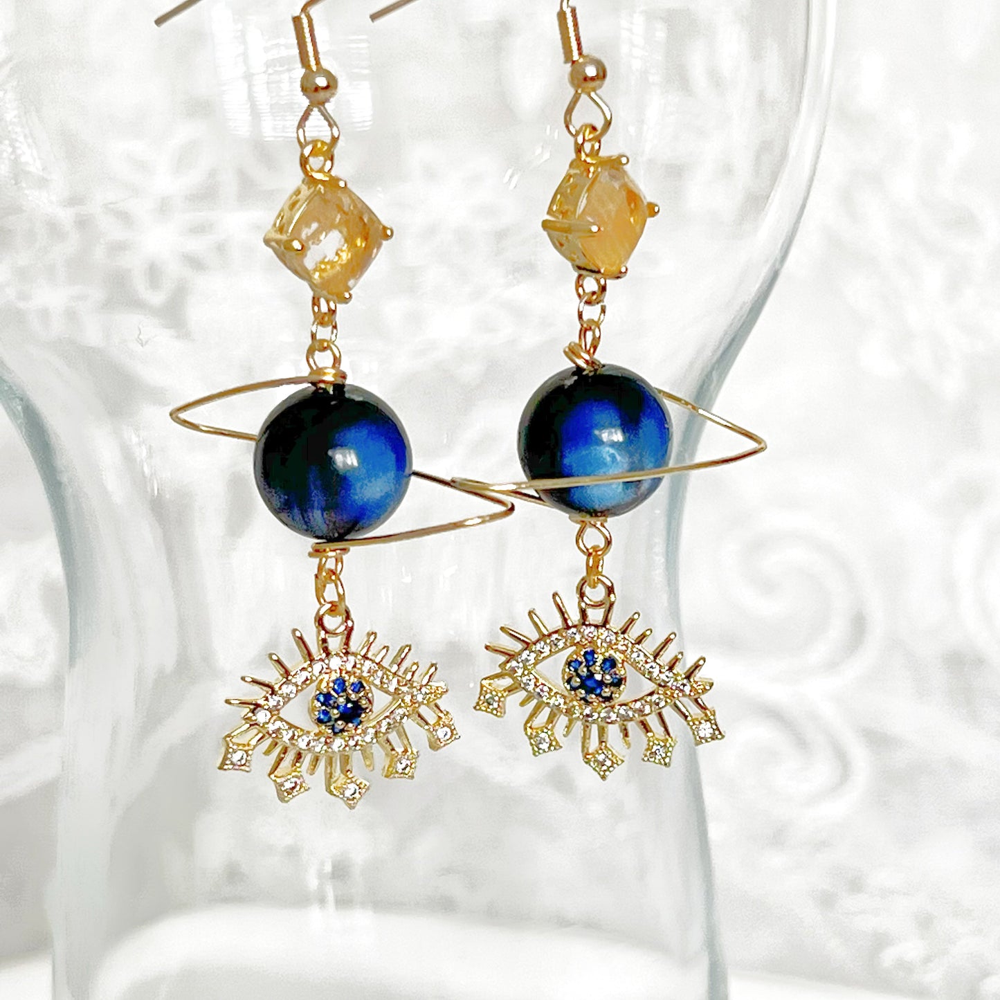 Blue Evil Eye and Planet with Citrine Drop Earrings-Ninaouity