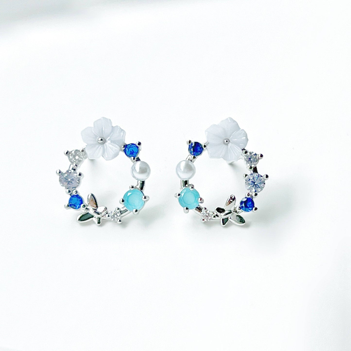 Blue Flower Wreath Earrings-Ninaouity