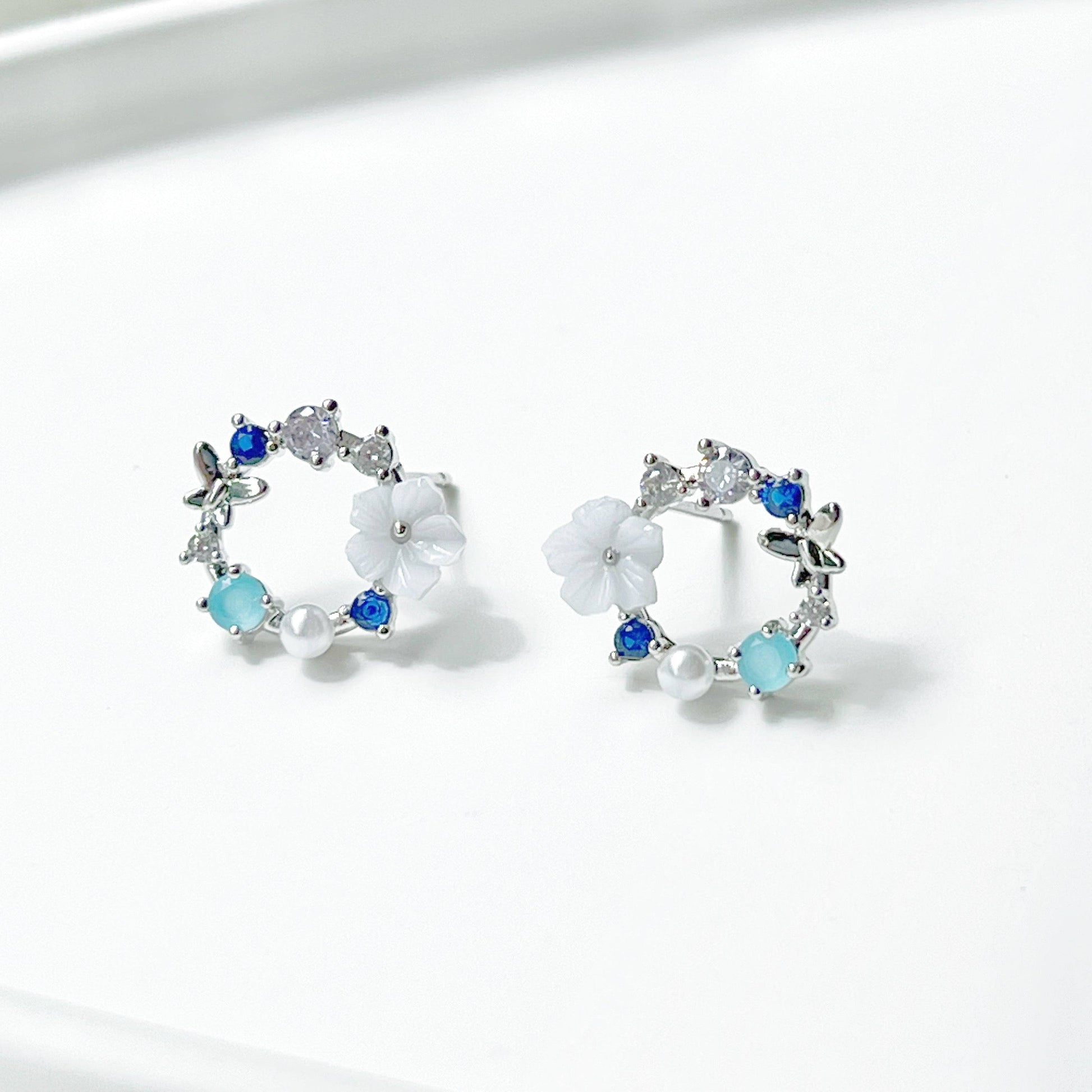 Blue Flower Wreath Earrings-Ninaouity