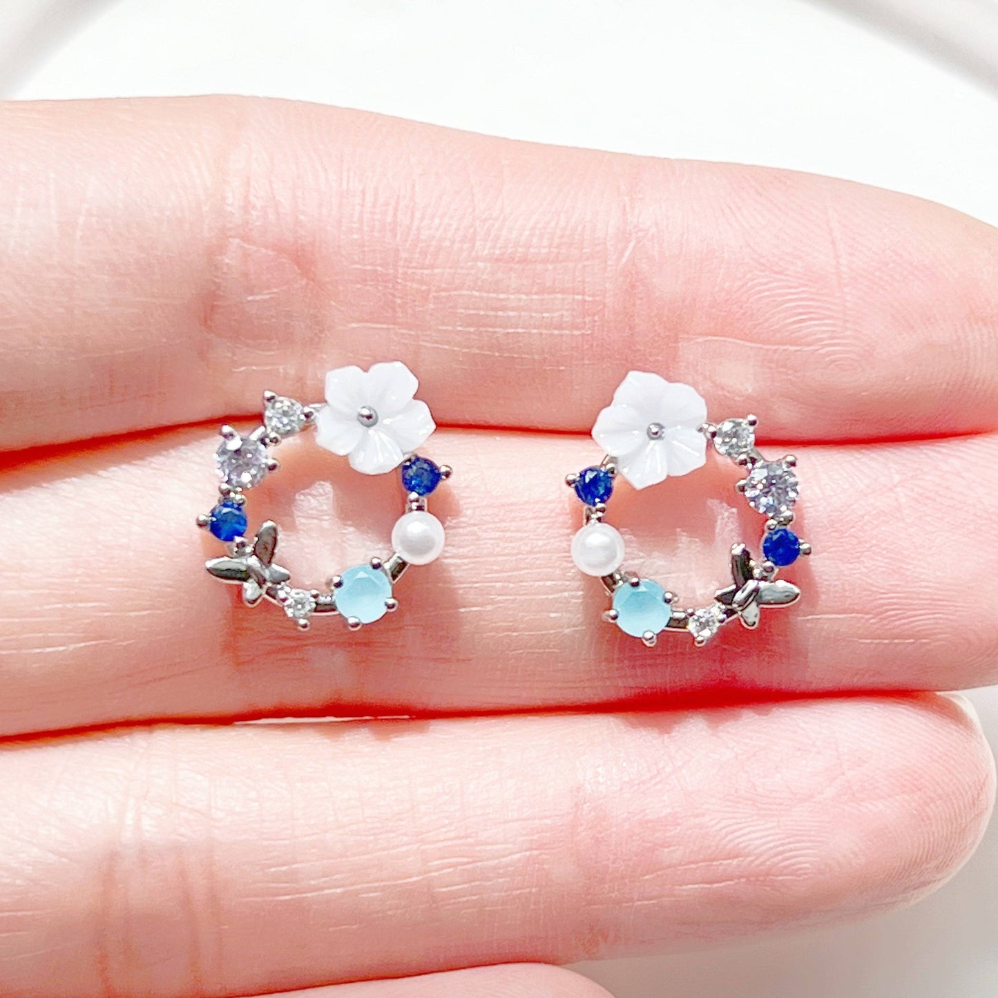 Blue Flower Wreath Earrings-Ninaouity