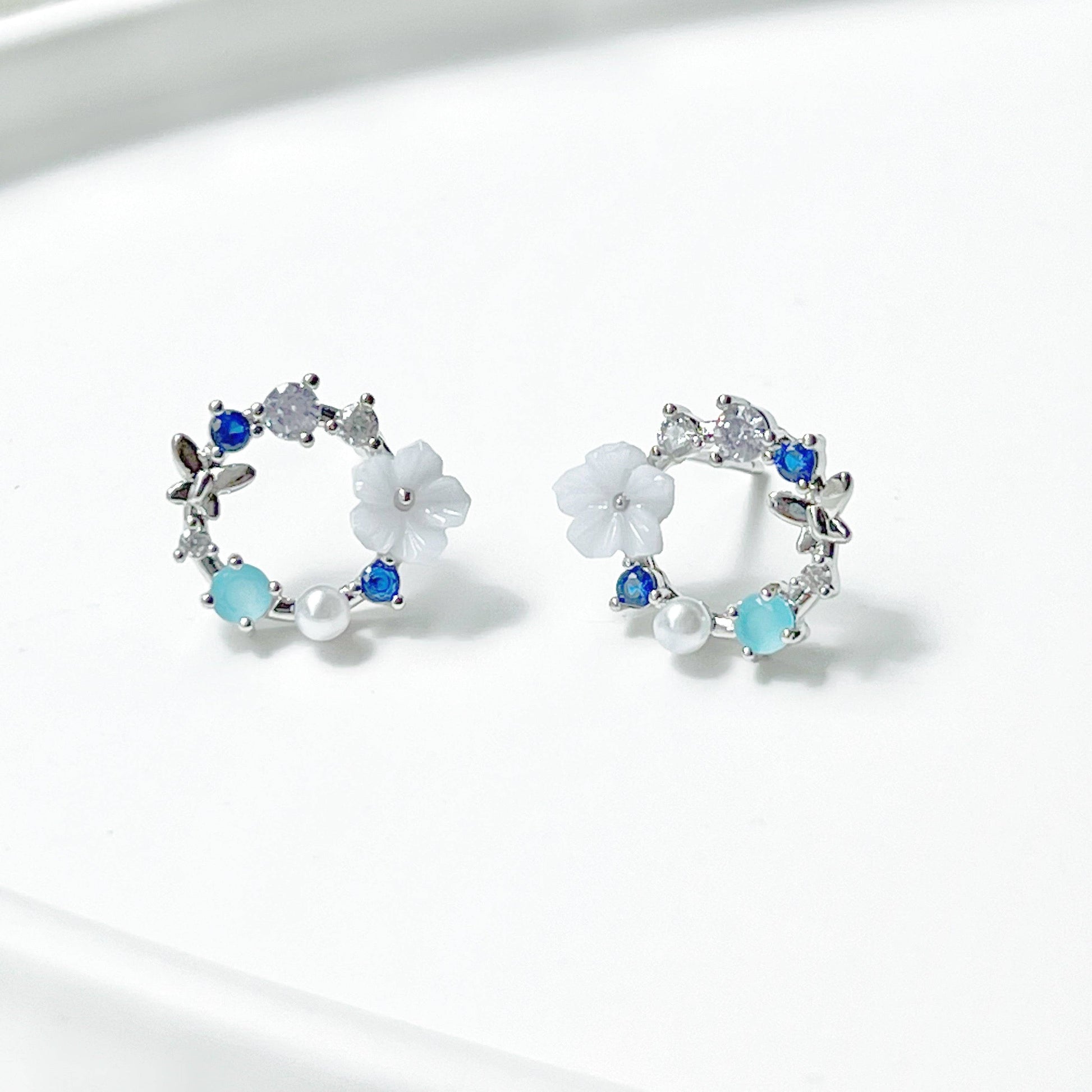Blue Flower Wreath Earrings-Ninaouity