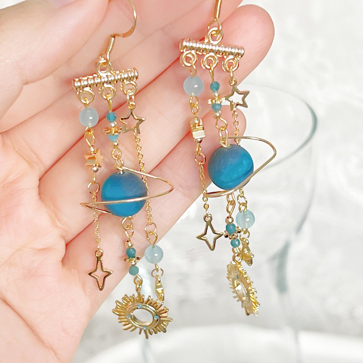 Blue Frosted Tiger s Eye Planet Earrings Ninaouity