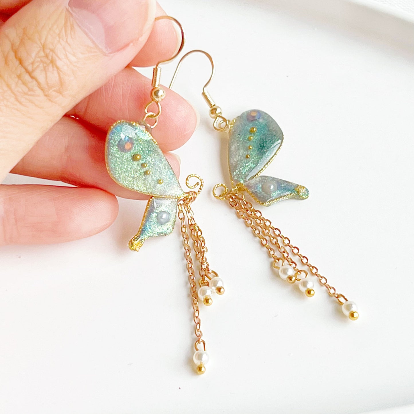 Blue Green Sparkle Glitter Butterfly Wing Earrings-Ninaouity