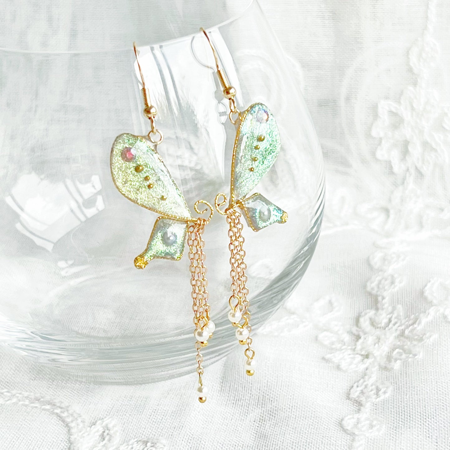 Blue Green Sparkle Glitter Butterfly Wing Earrings-Ninaouity