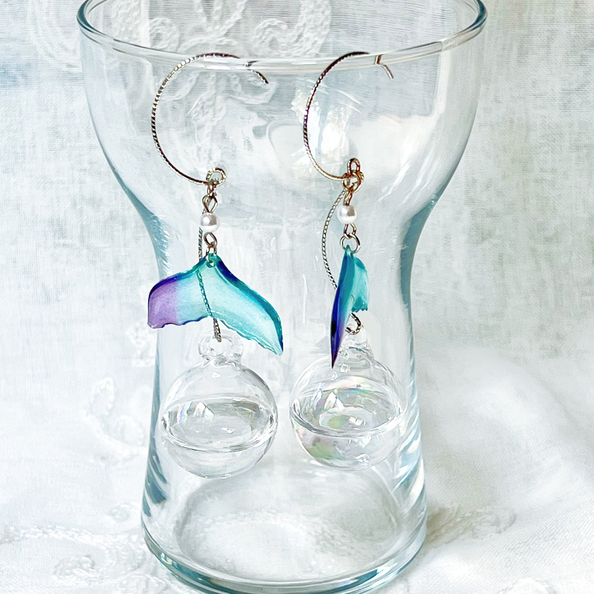 Blue Mermaid Tail and Bubbles Statement Earrings-Ninaouity