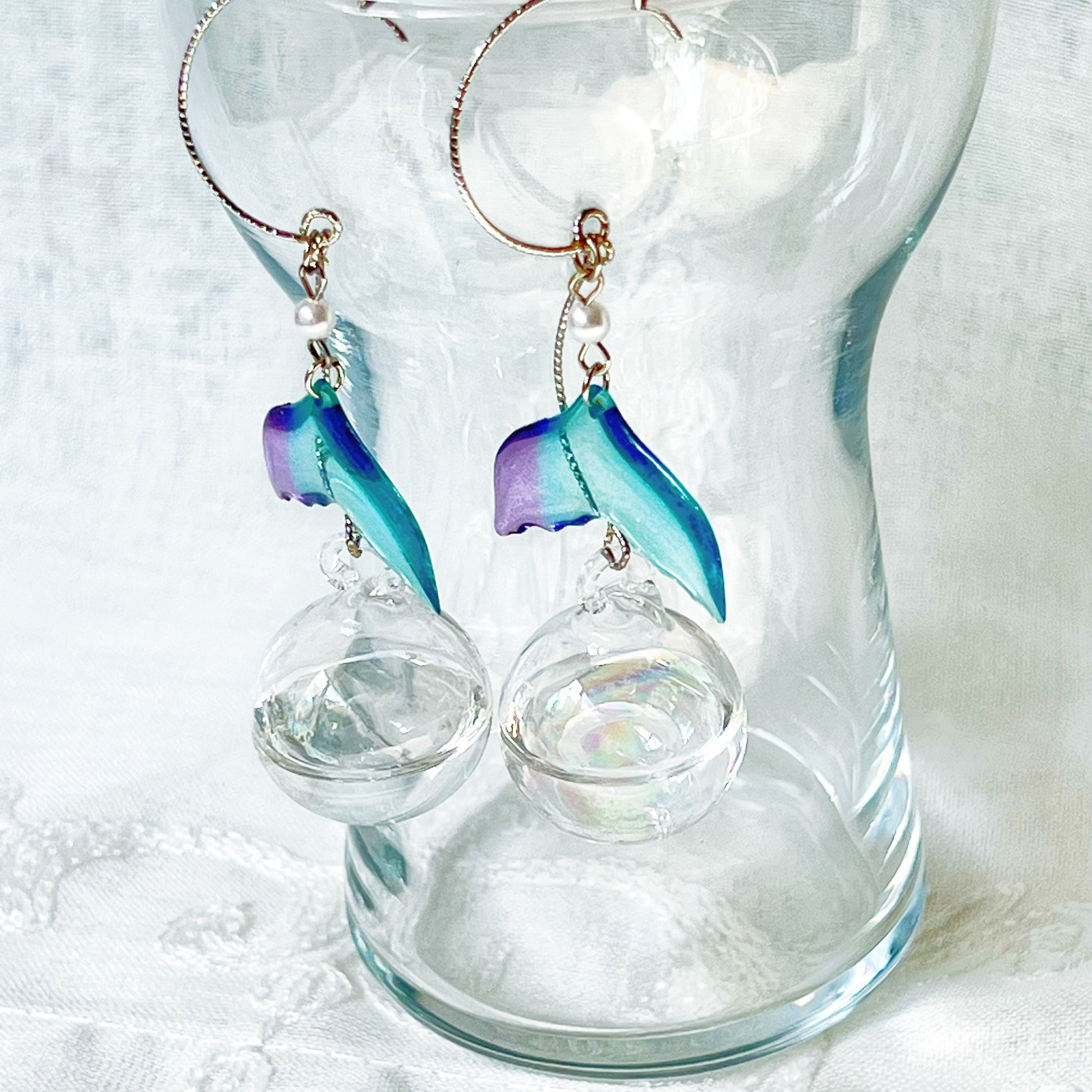 Blue Mermaid Tail and Bubbles Statement Earrings-Ninaouity