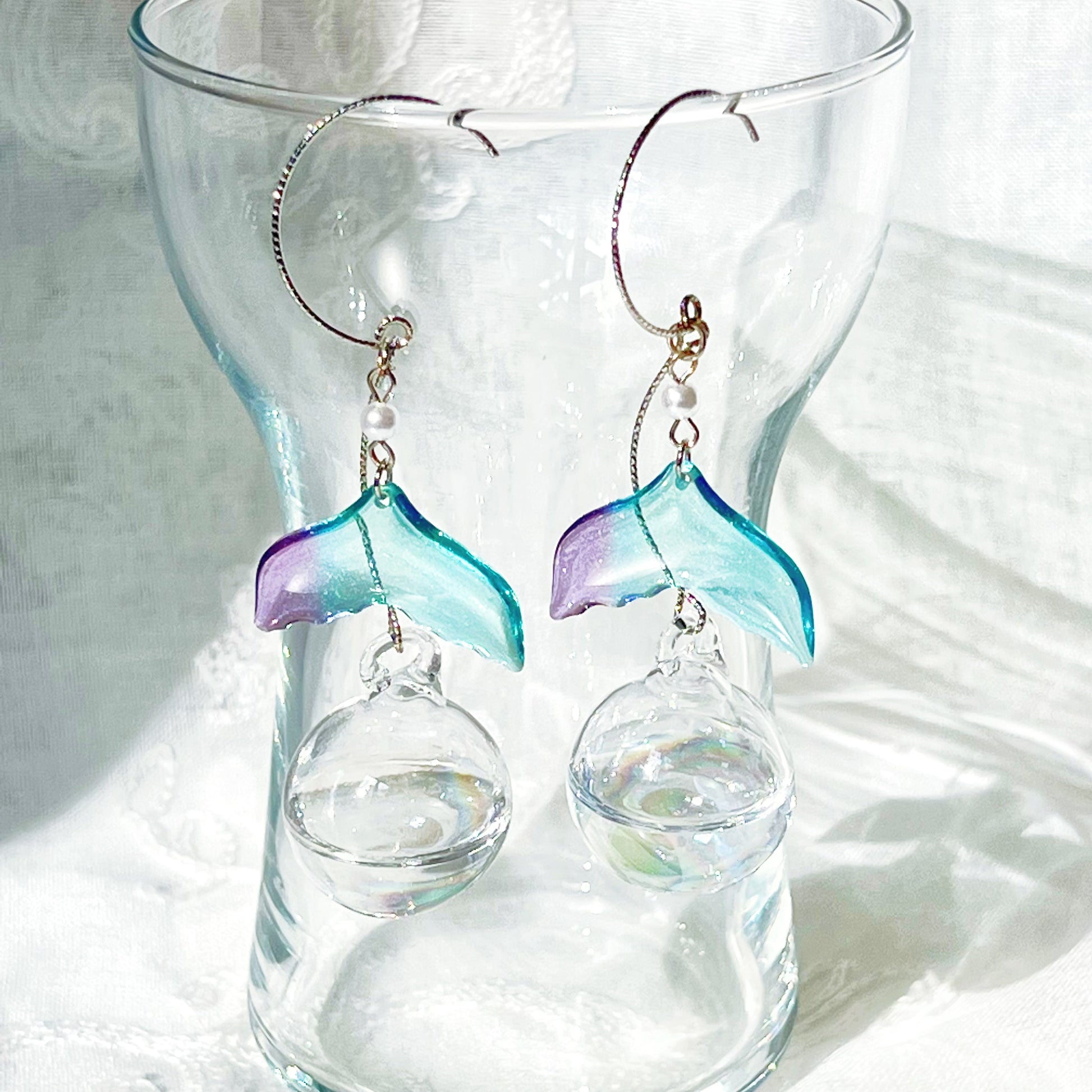 Blue Mermaid Tail and Bubbles Statement Earrings-Ninaouity