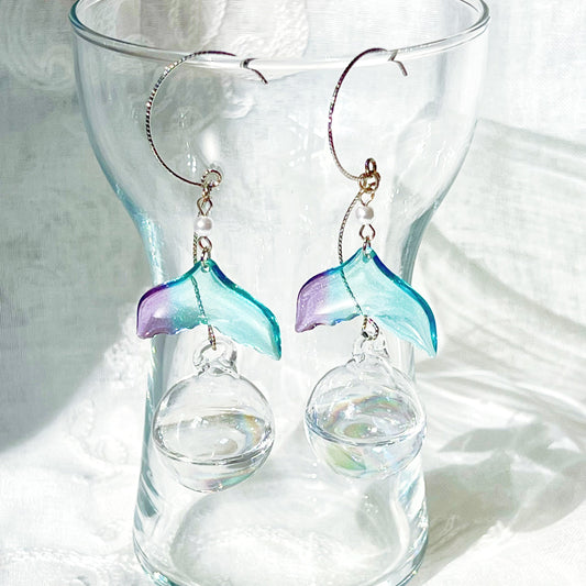 Blue Mermaid Tail and Bubbles Statement Earrings-Ninaouity