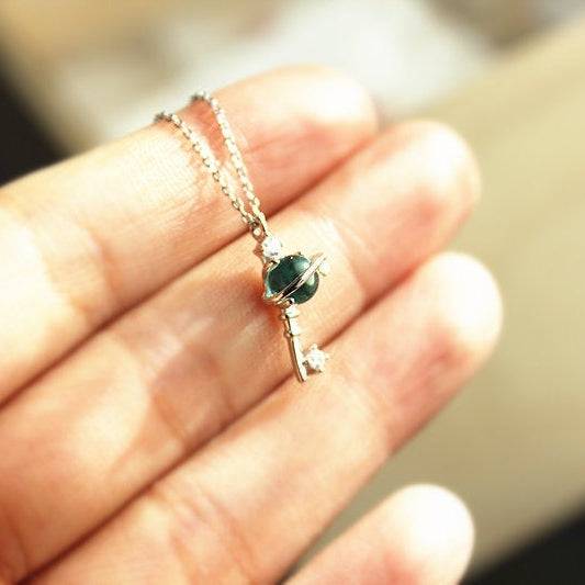 Blue Planet Star Uranus Theme Key Shape Charm Necklace-Ninaouity
