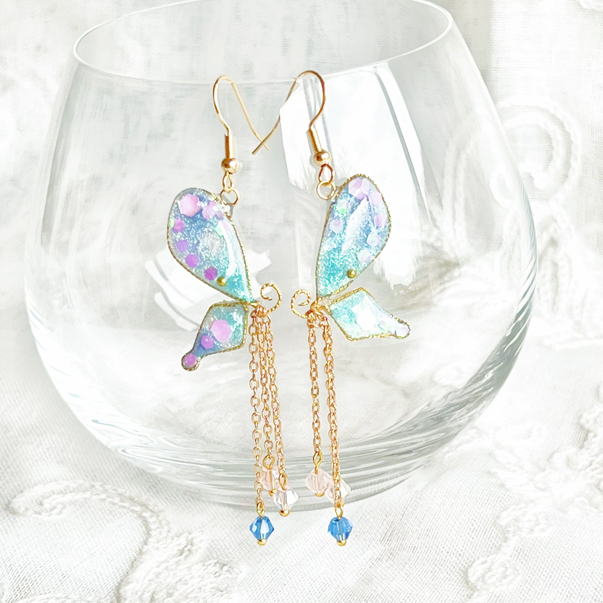 Blue Purple Sparkle Glitter Butterfly Wings Drop Earrings-Ninaouity