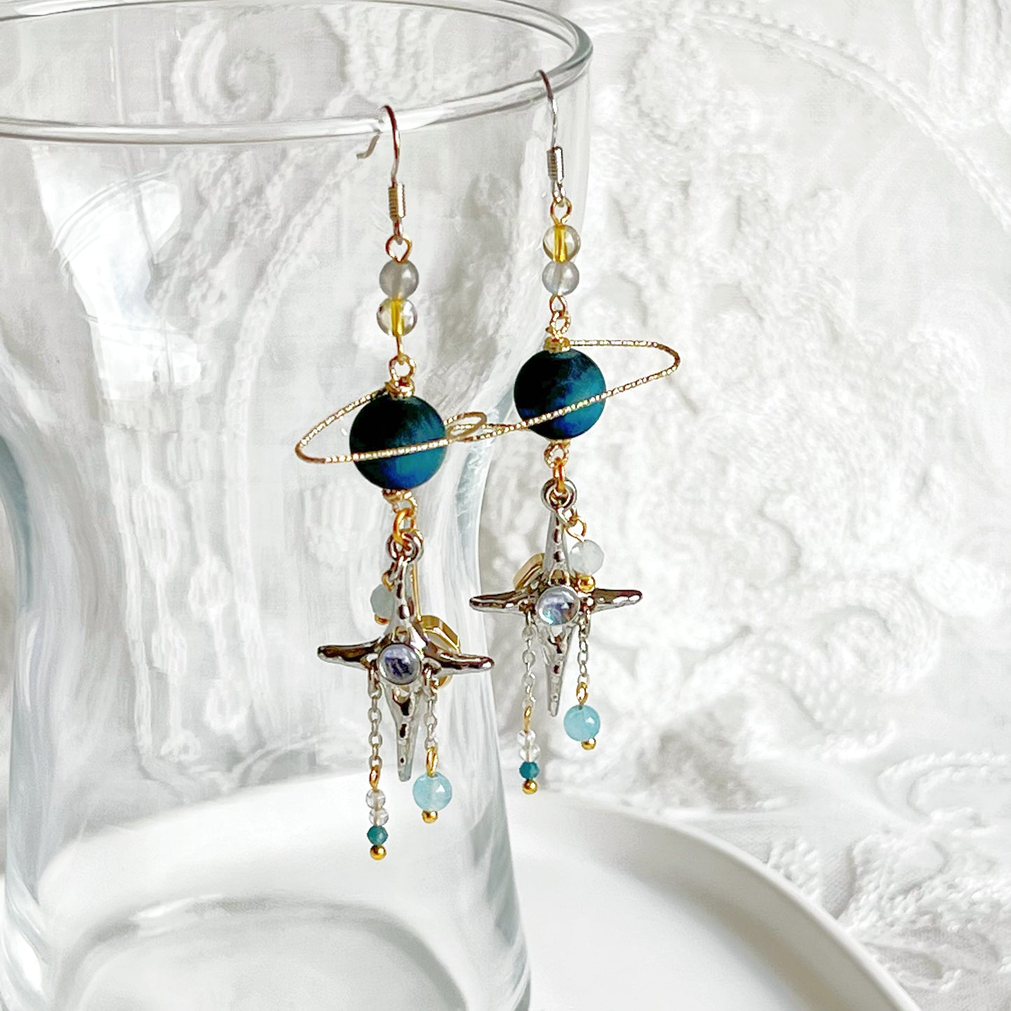Blue Tiger's Eye Planet and North Star Earrings-Ninaouity