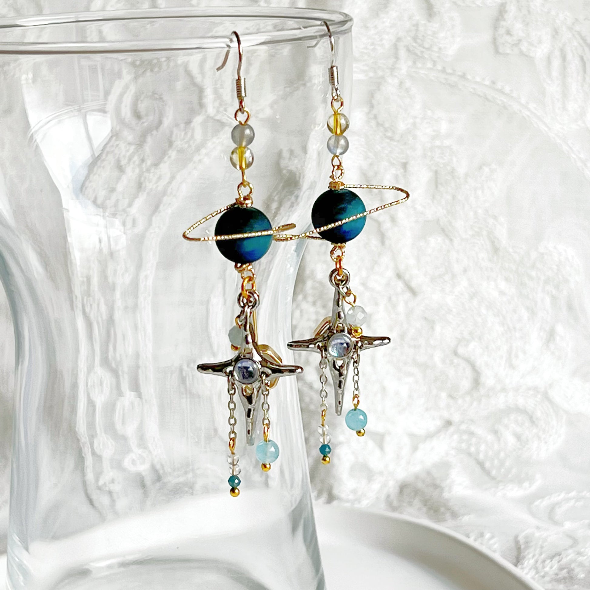 Blue Tiger's Eye Planet and North Star Earrings-Ninaouity