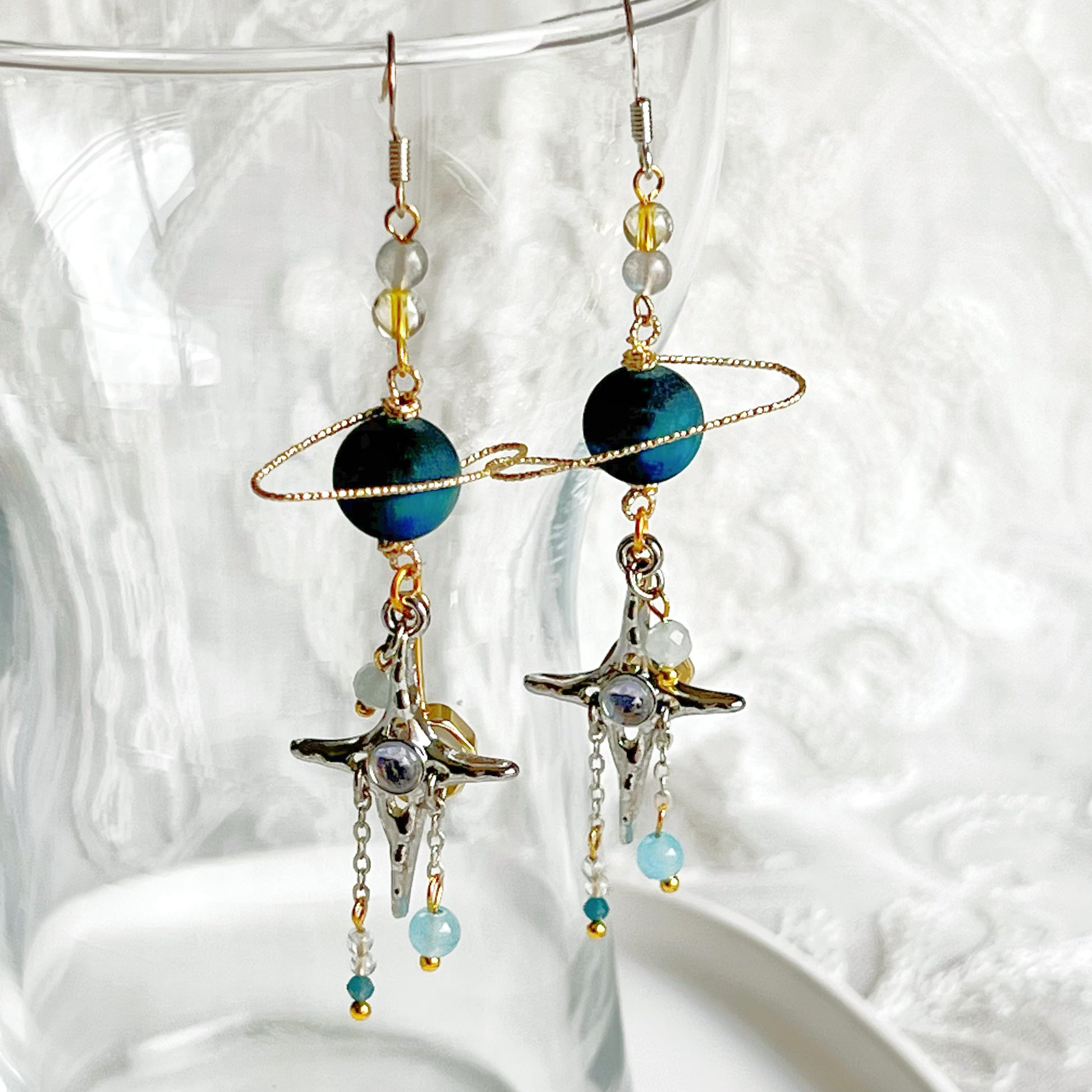 Blue Tiger s Eye Planet and North Star Earrings Ninaouity