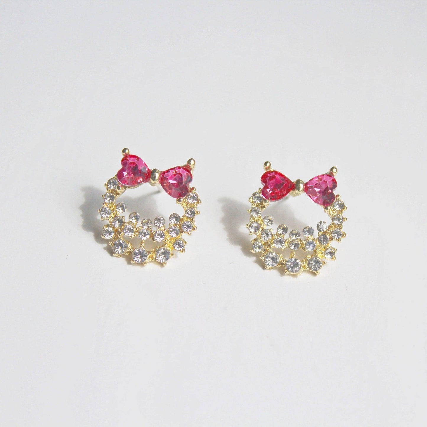 Bow Tie Wreath Earrings - Pink Heart Shape Crystal Sterling Silver Stud Earrings-Ninaouity