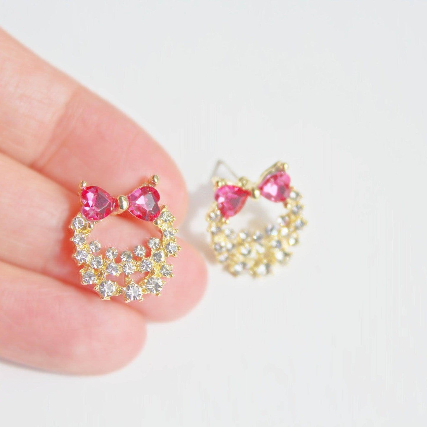 Bow Tie Wreath Earrings - Pink Heart Shape Crystal Sterling Silver Stud Earrings-Ninaouity