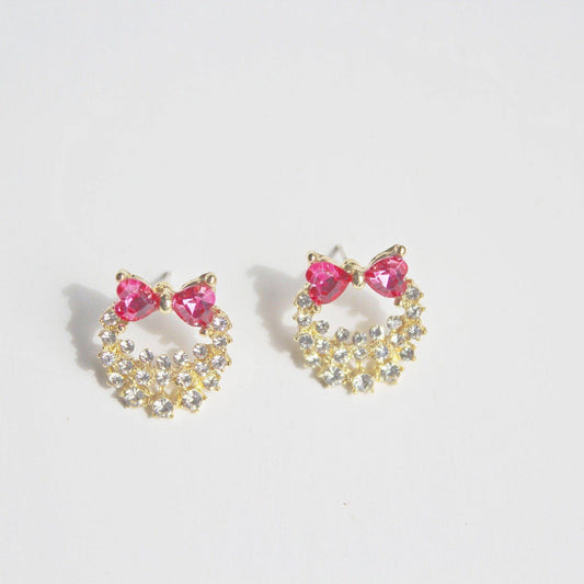 Bow Tie Wreath Earrings - Pink Heart Shape Crystal Sterling Silver Stud Earrings-Ninaouity