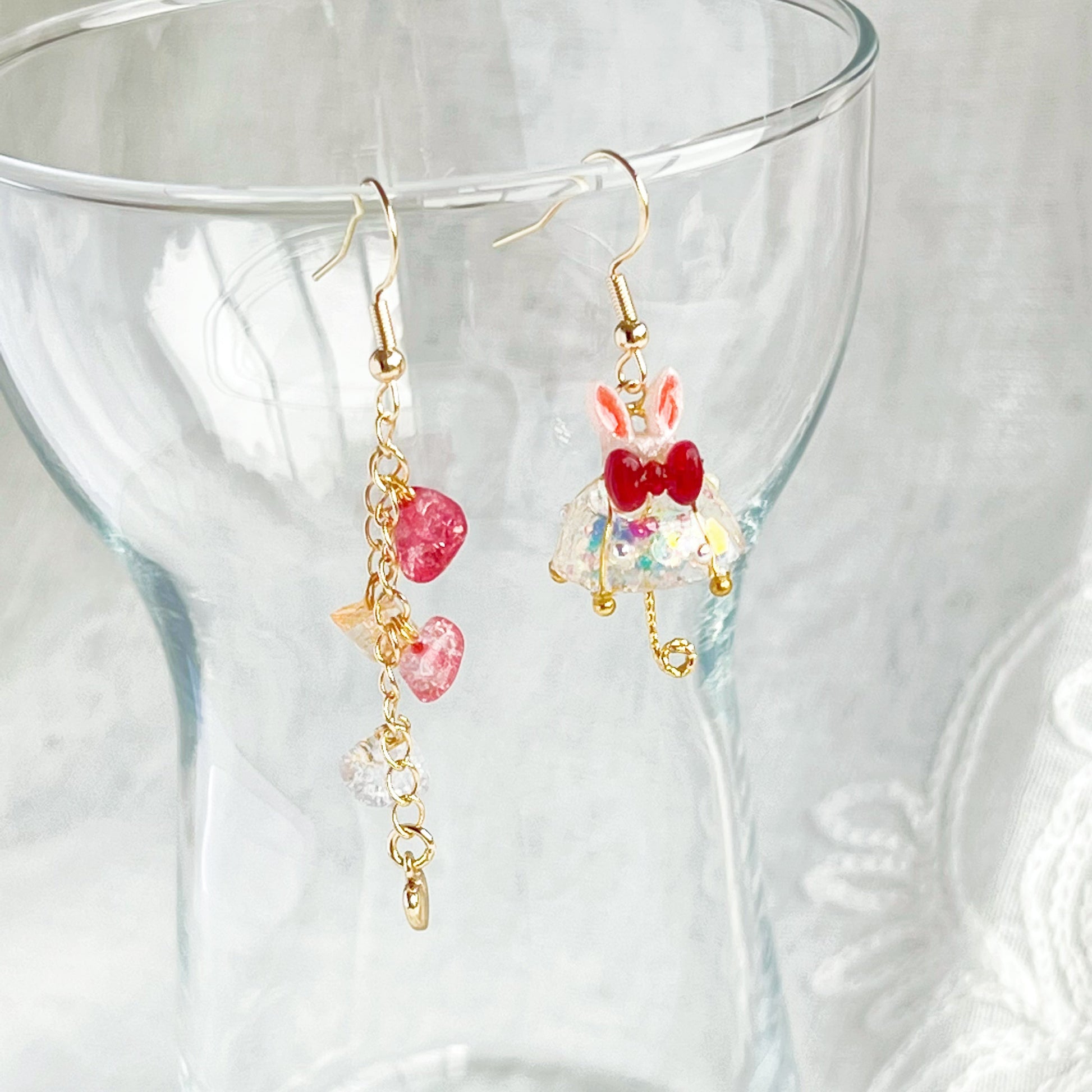 Bunny Ears with Red Bow Umbrella Rainbow Stones Mismatch Drop Earrings-Ninaouity