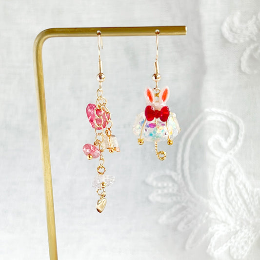 Bunny Ears with Red Bow Umbrella Rainbow Stones Mismatch Drop Earrings-Ninaouity