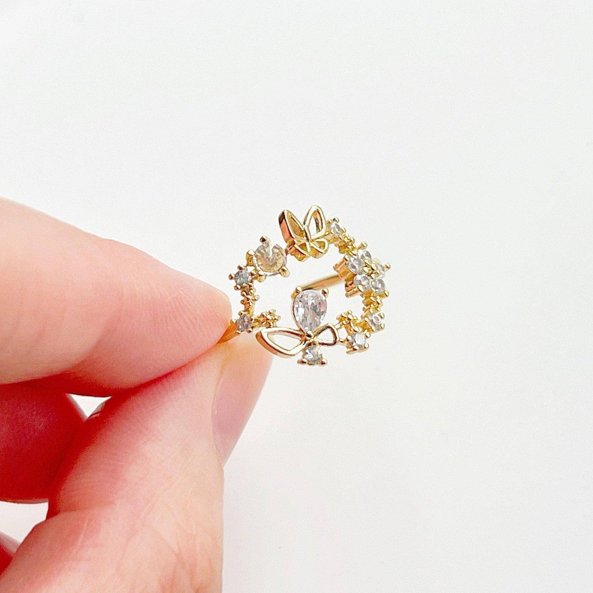 Butterflies Adjustable Ring - Crystal Flowers Adjustable Stackable Ring-Ninaouity