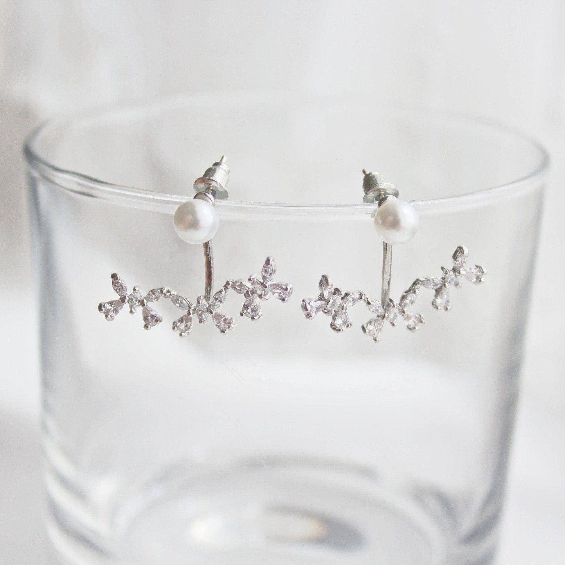 Butterflies Ear Jackets  - Crystal and Pearl Two Way to Wear Earrings-Ninaouity