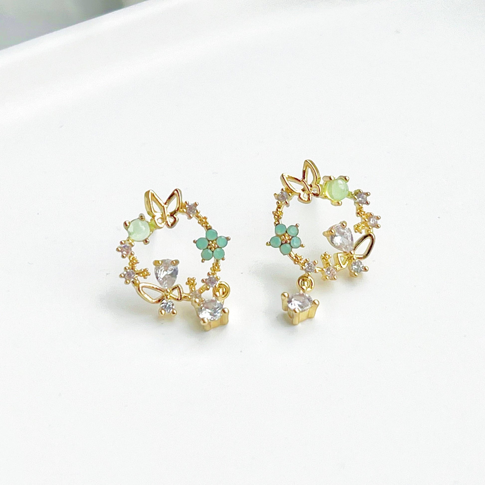 Butterfly in Flower Earrings - Gold Wreath with Crystal Tiny Drop Stud Earrings-Ninaouity