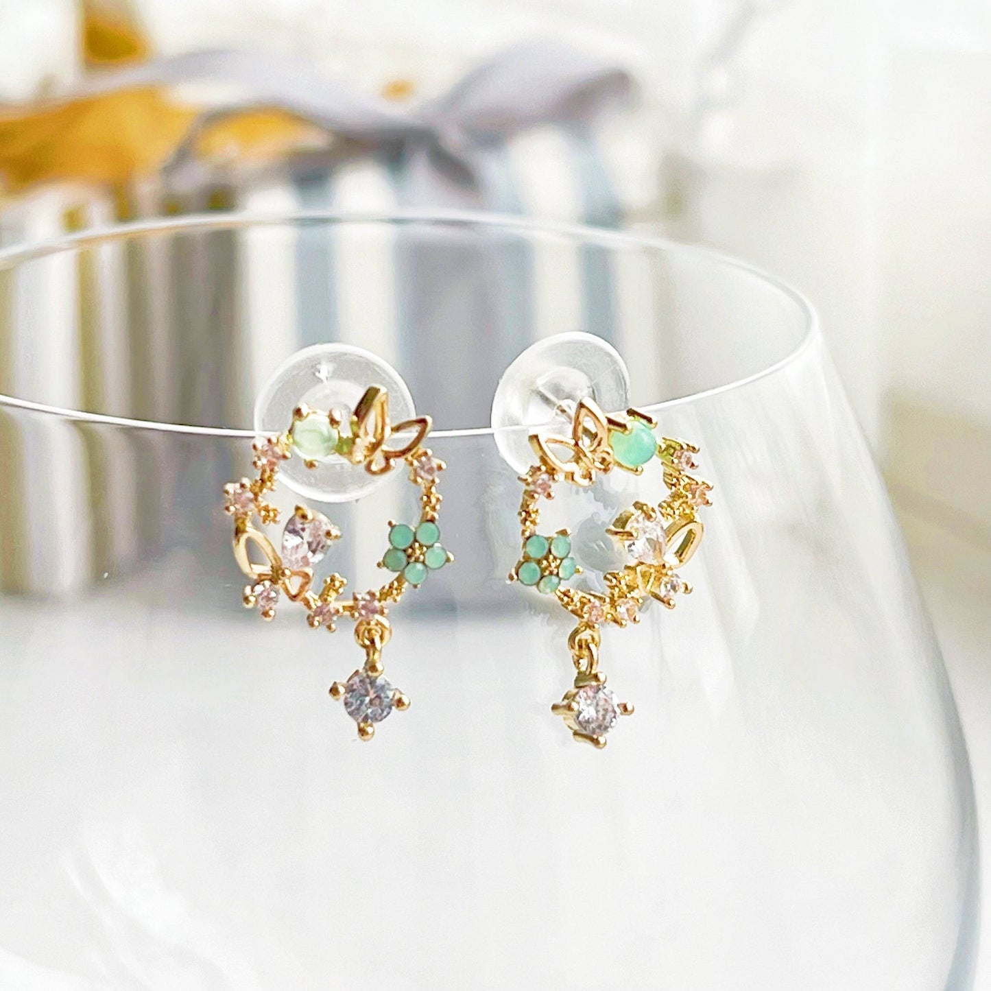 Butterfly in Flower Earrings - Gold Wreath with Crystal Tiny Drop Stud Earrings-Ninaouity