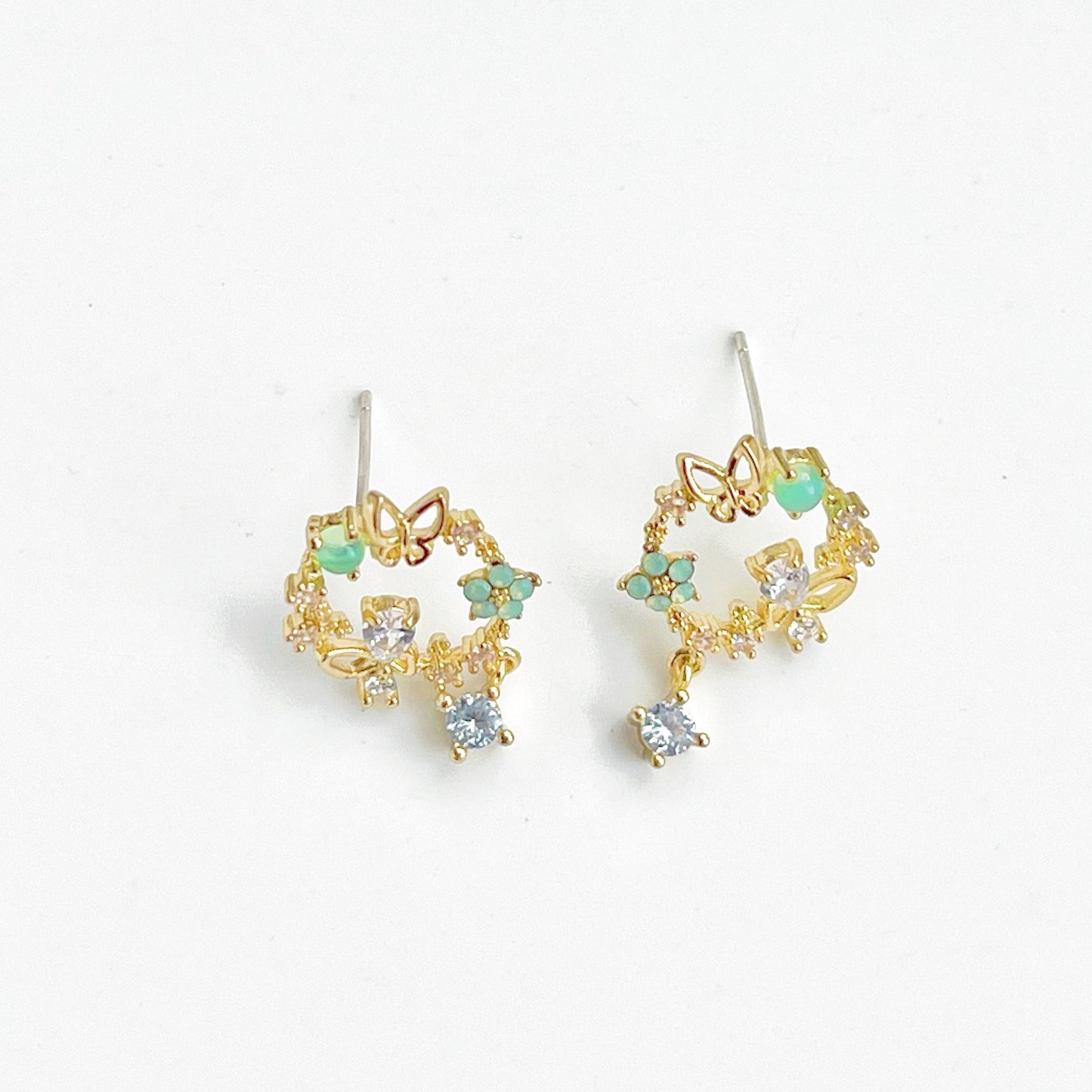 Butterfly in Flower Earrings - Gold Wreath with Crystal Tiny Drop Stud Earrings-Ninaouity