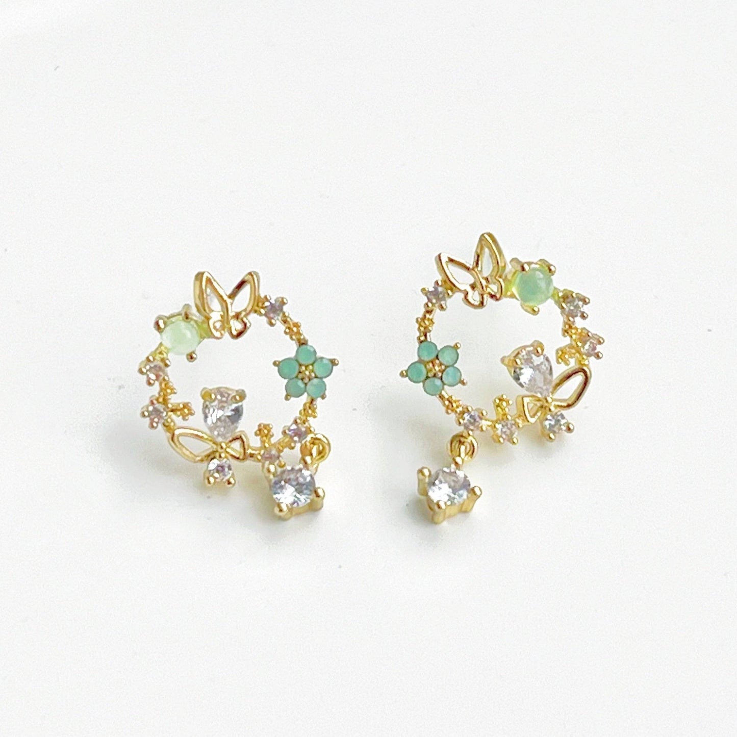 Butterfly in Flower Earrings - Gold Wreath with Crystal Tiny Drop Stud Earrings-Ninaouity