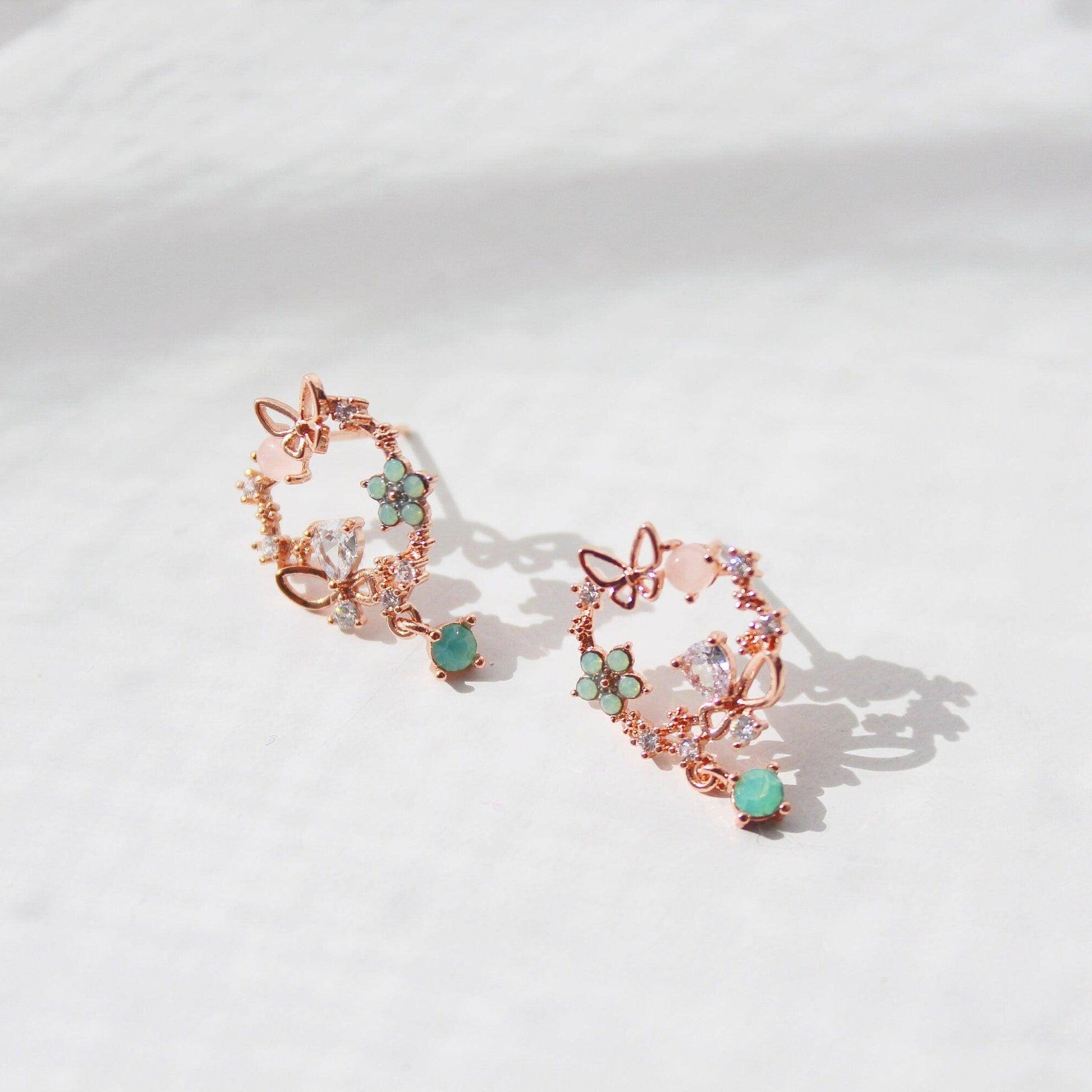 Butterfly in Flower Earrings - Wreath with Tiny Green Crystal Drop Earrings-Ninaouity