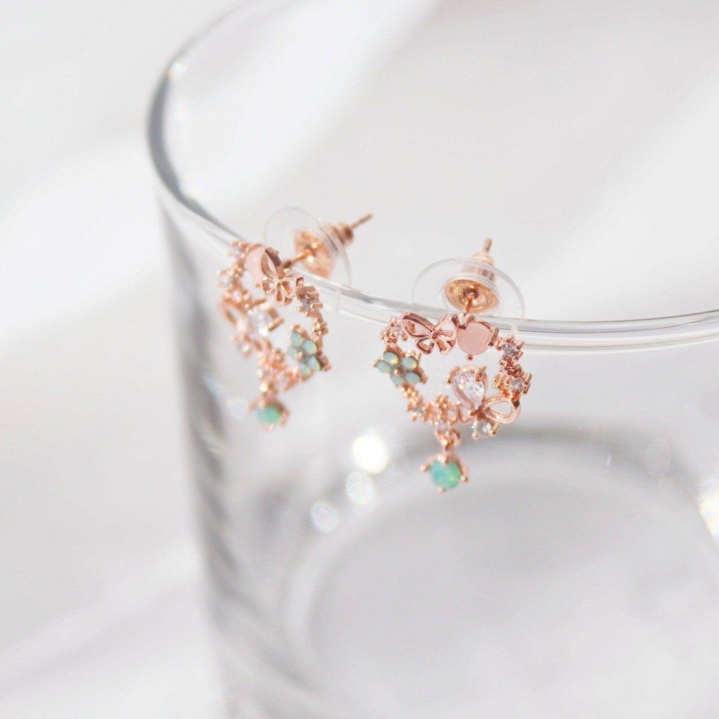 Butterfly in Flower Earrings - Wreath with Tiny Green Crystal Drop Earrings-Ninaouity